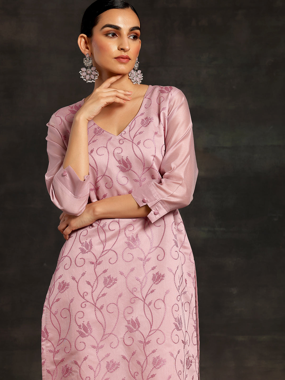 Mauve Embroidered Silk Straight Kurta