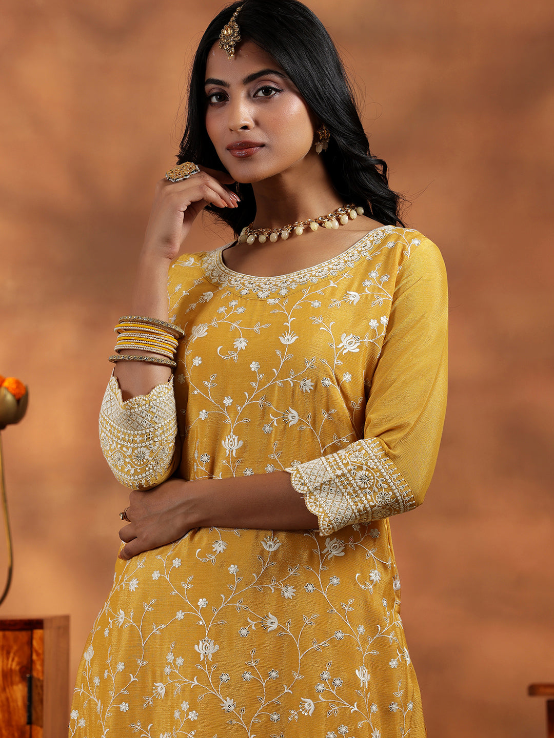 Mustard Embroidered Silk Blend Straight Suit With Dupatta