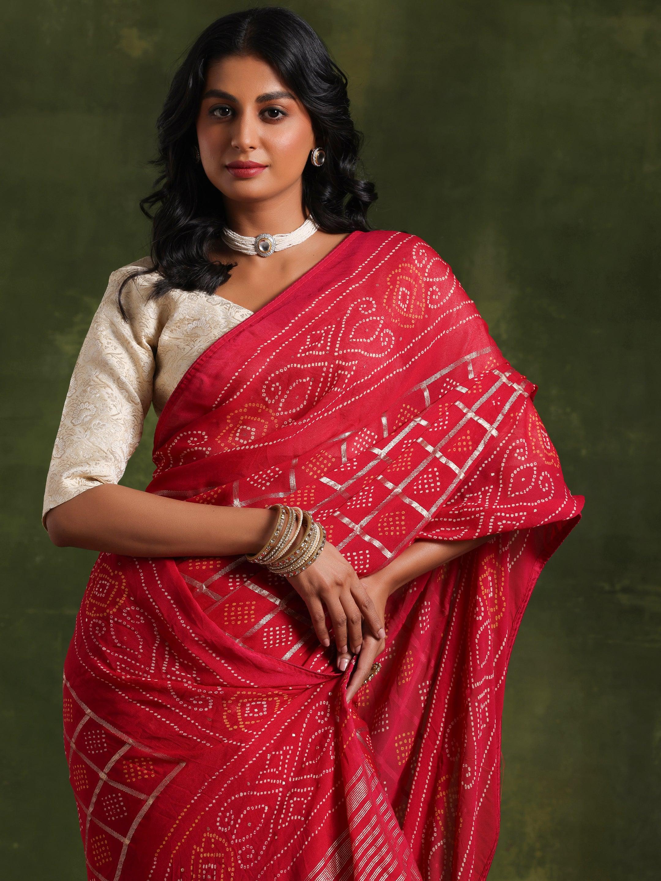 Pink Printed Poly Georgette Saree With Unstitched Blouse Piece