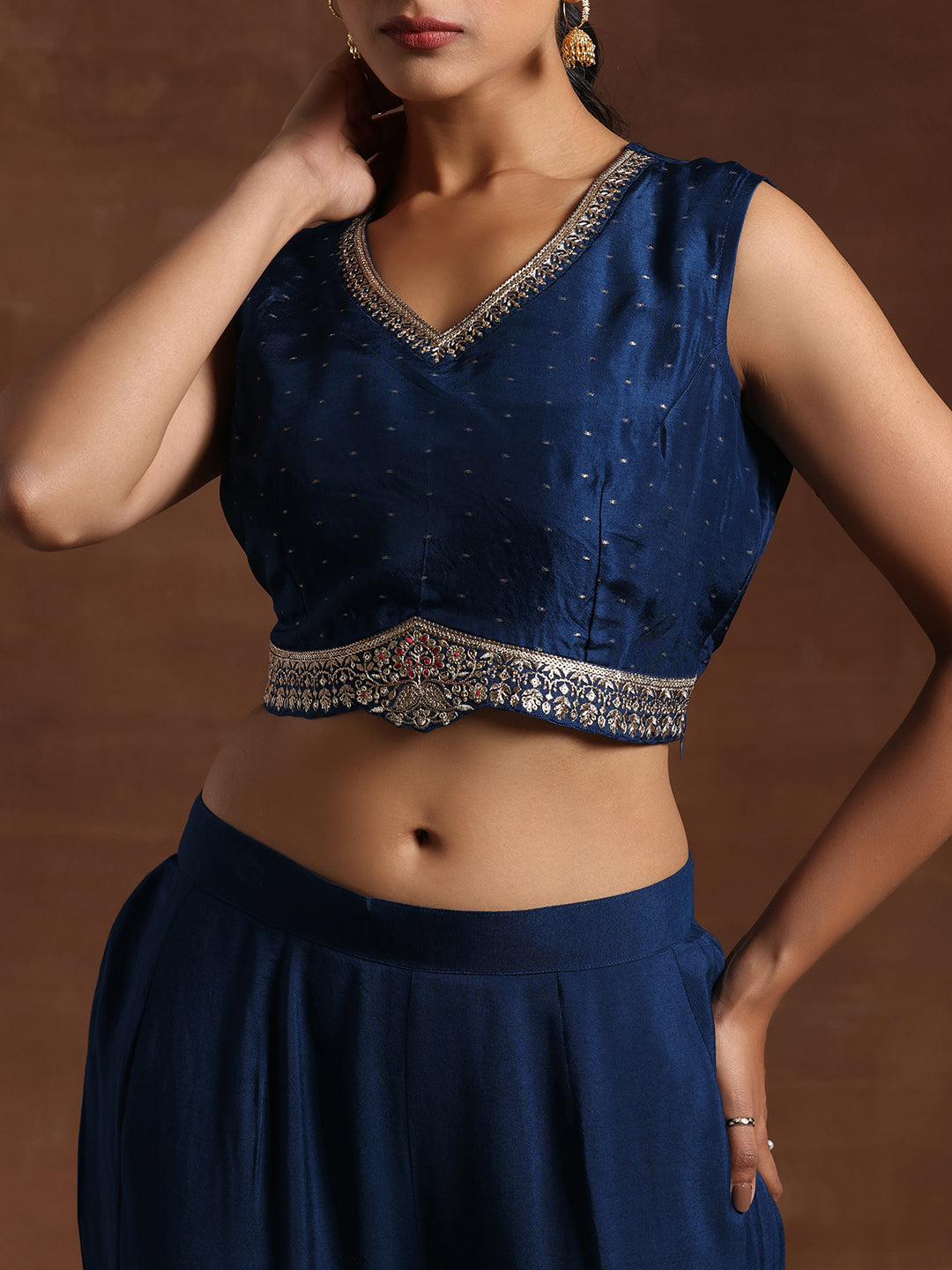 Blue Embroidered Silk Blend 3 Piece Co-Ords