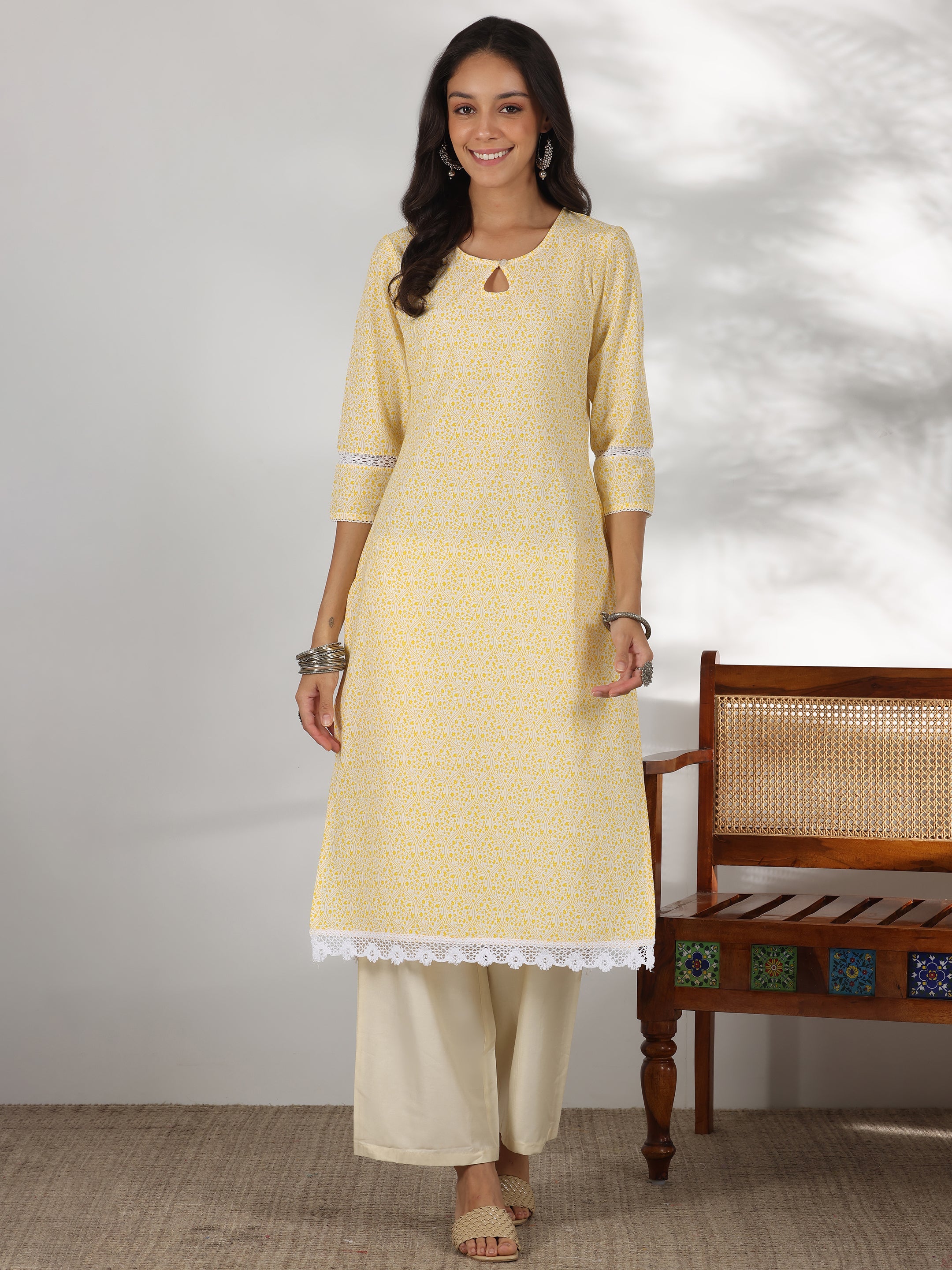 Yellow Printed Cotton Straight Kurta