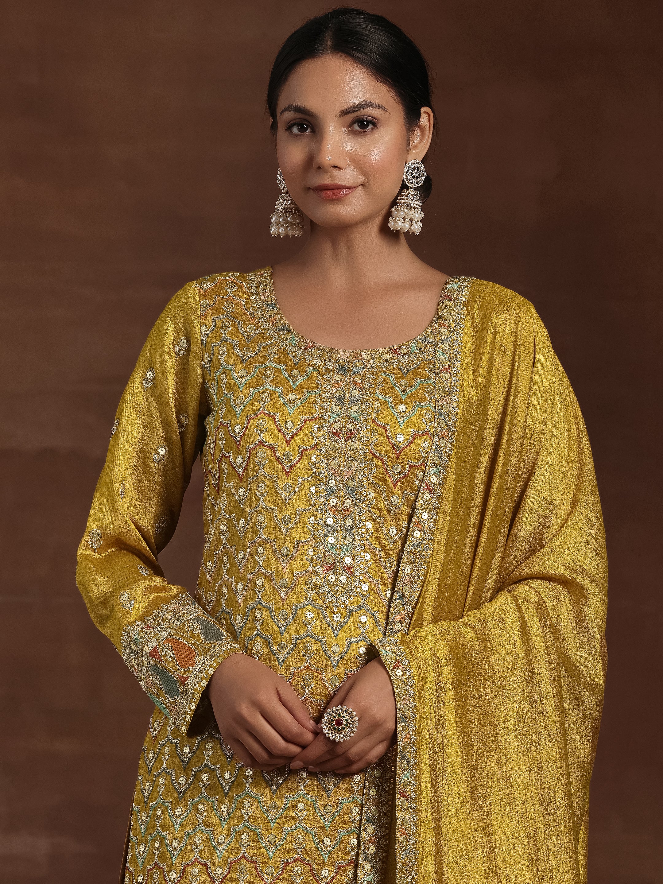 Adaa Mustard Embroidered Silk Blend Straight Kurta With Palazzos & Dupatta