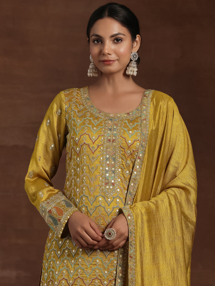 Mustard Embroidered Silk Blend Straight Kurta With Palazzos & Dupatta