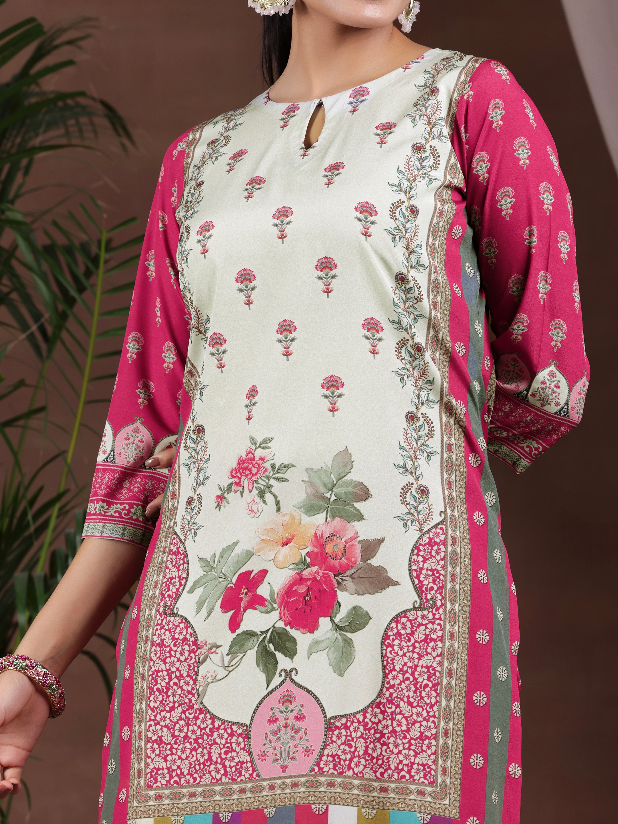 Off White Printed Poly Crepe Straight Suit With Dupatta