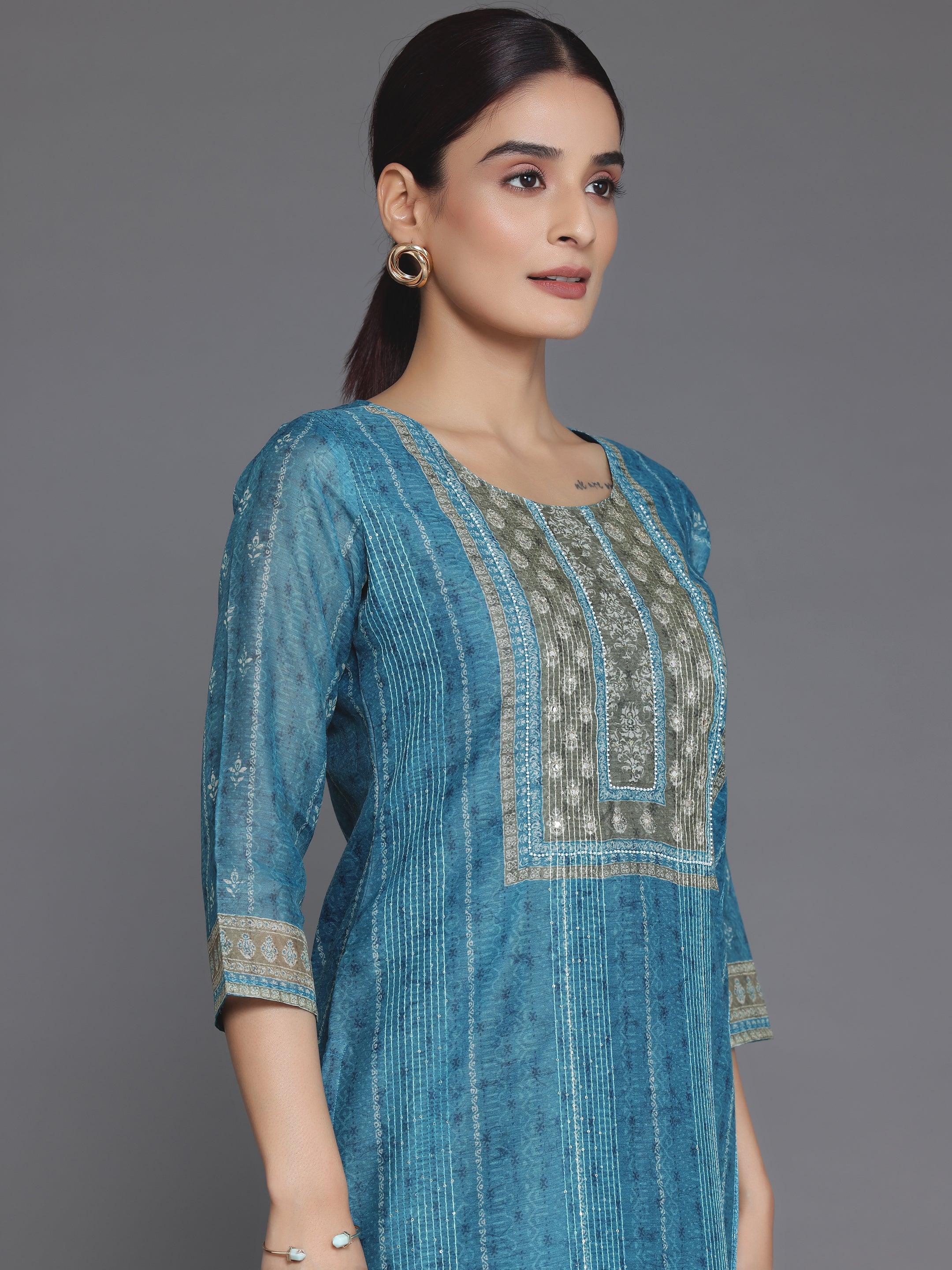 Blue Embellished Chanderi Silk Straight Kurta