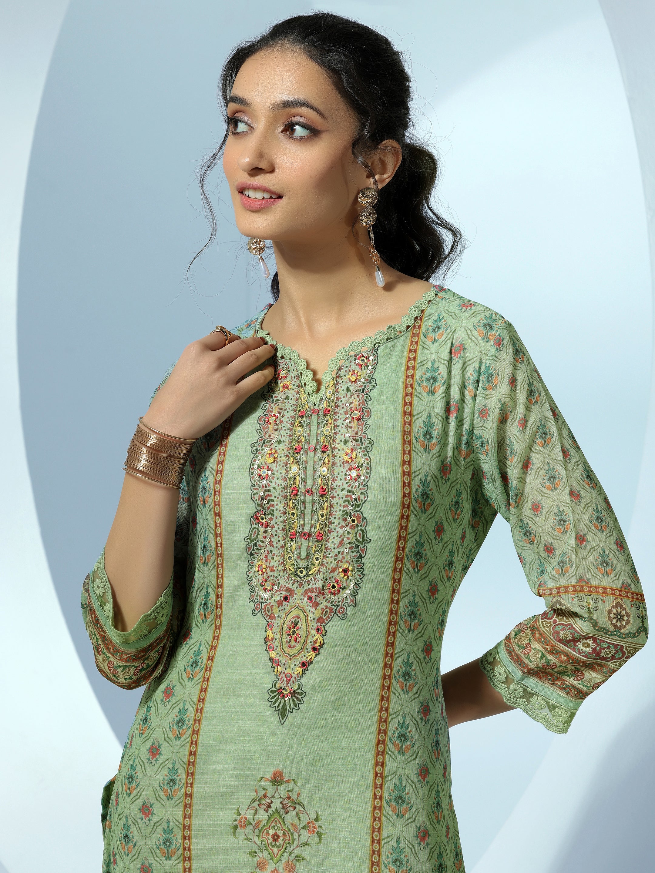 Green Printed Linen Straight Suit With Dupatta