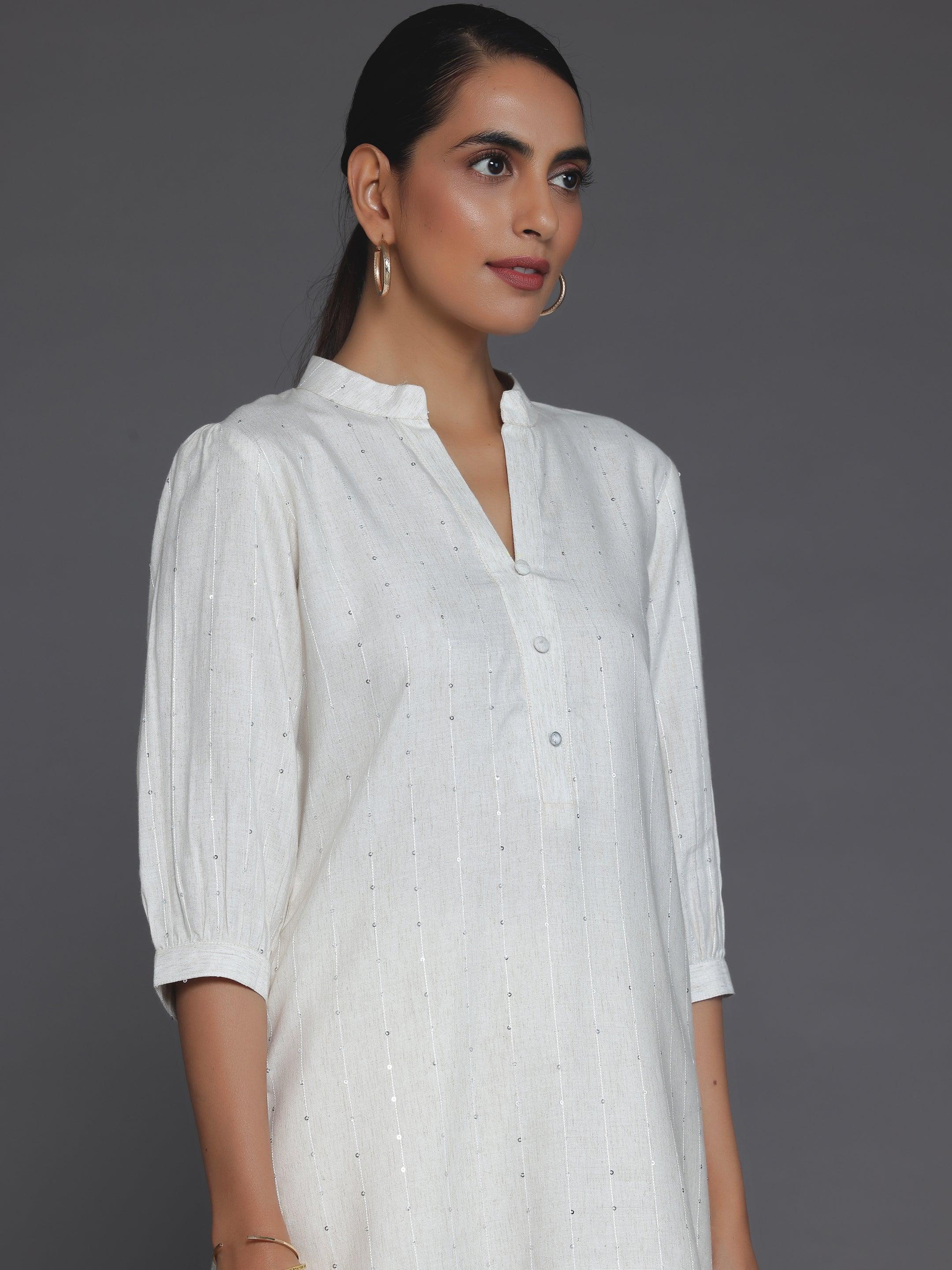 Off White Woven Design Cotton Blend Straight Kurti