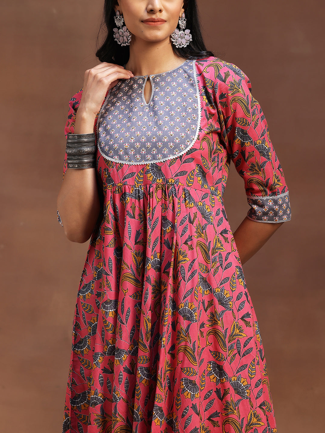 Pink Printed Cotton Anarkali Suit With Dupatta