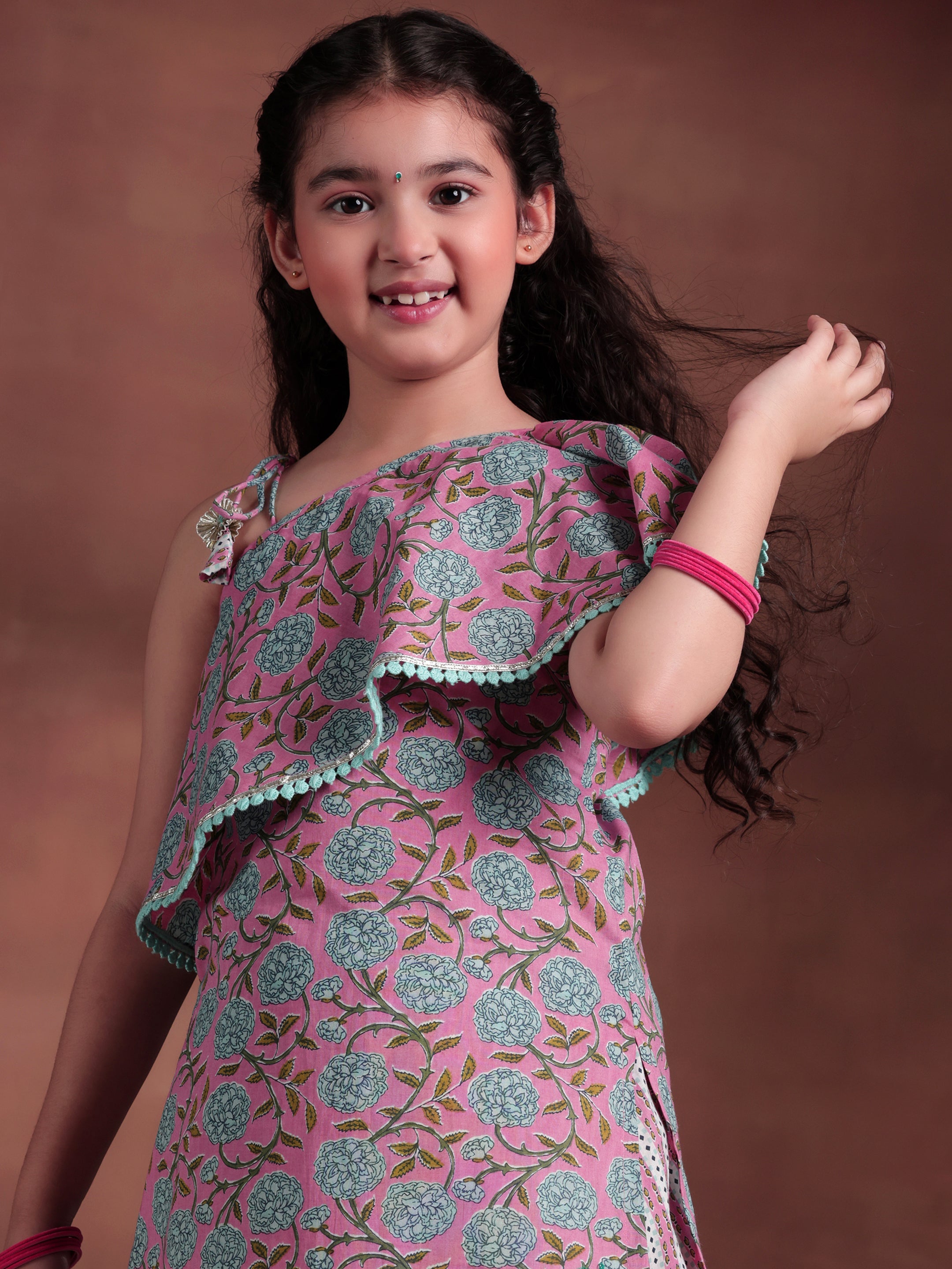 Kids Pink Printed Cotton Straight Kurta With Dhoti Pants