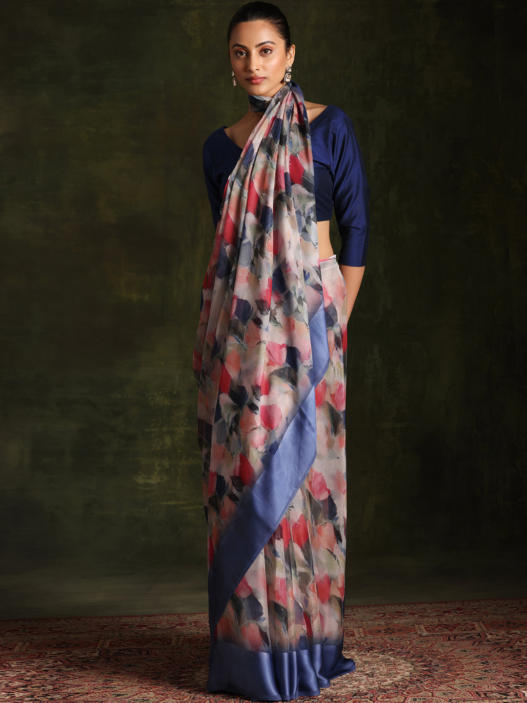 Multicoloured Printed Silk Blend Saree With Unstitched Blouse Piece