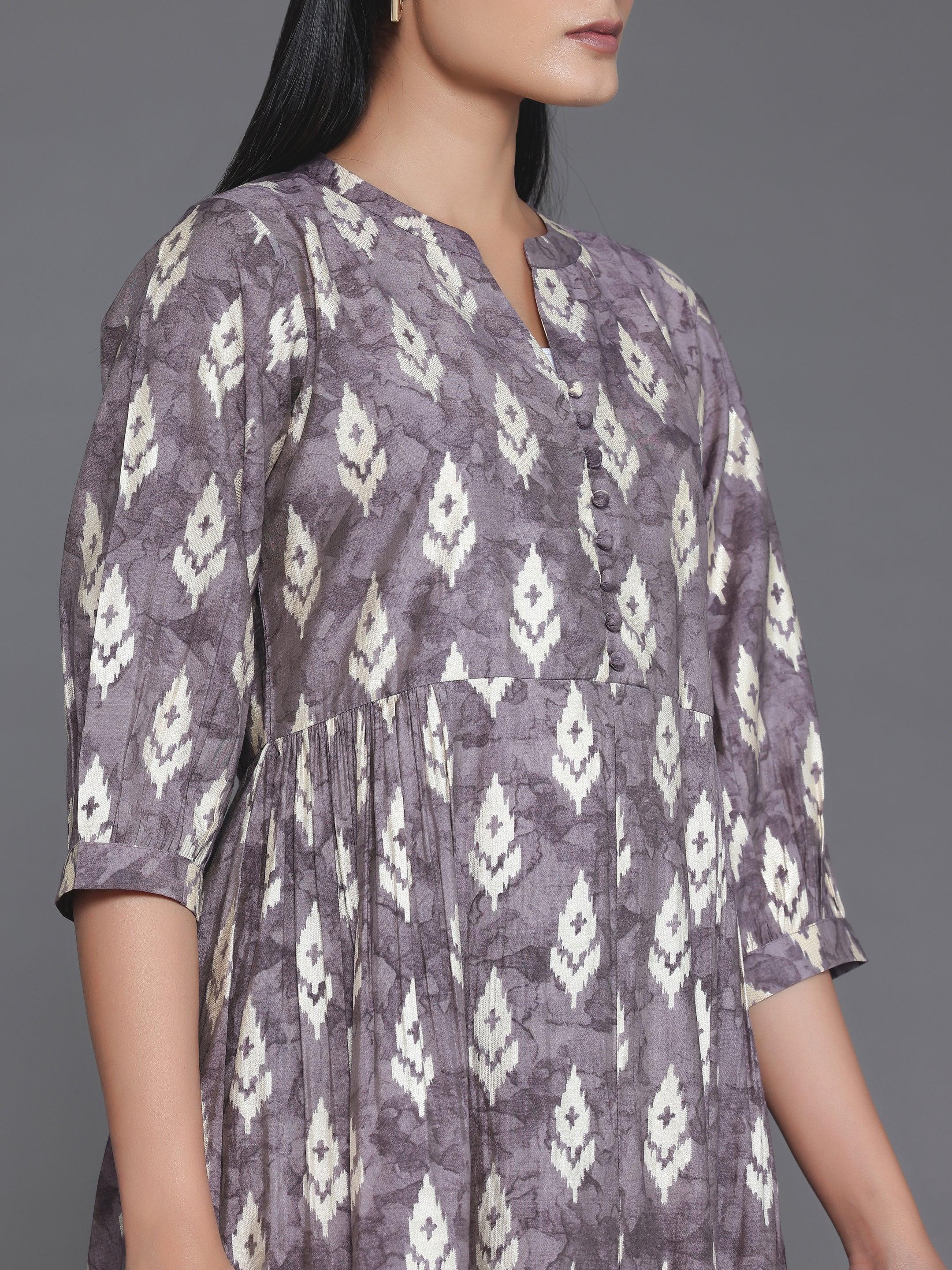 Mauve Printed Silk Fit and Flare Dress