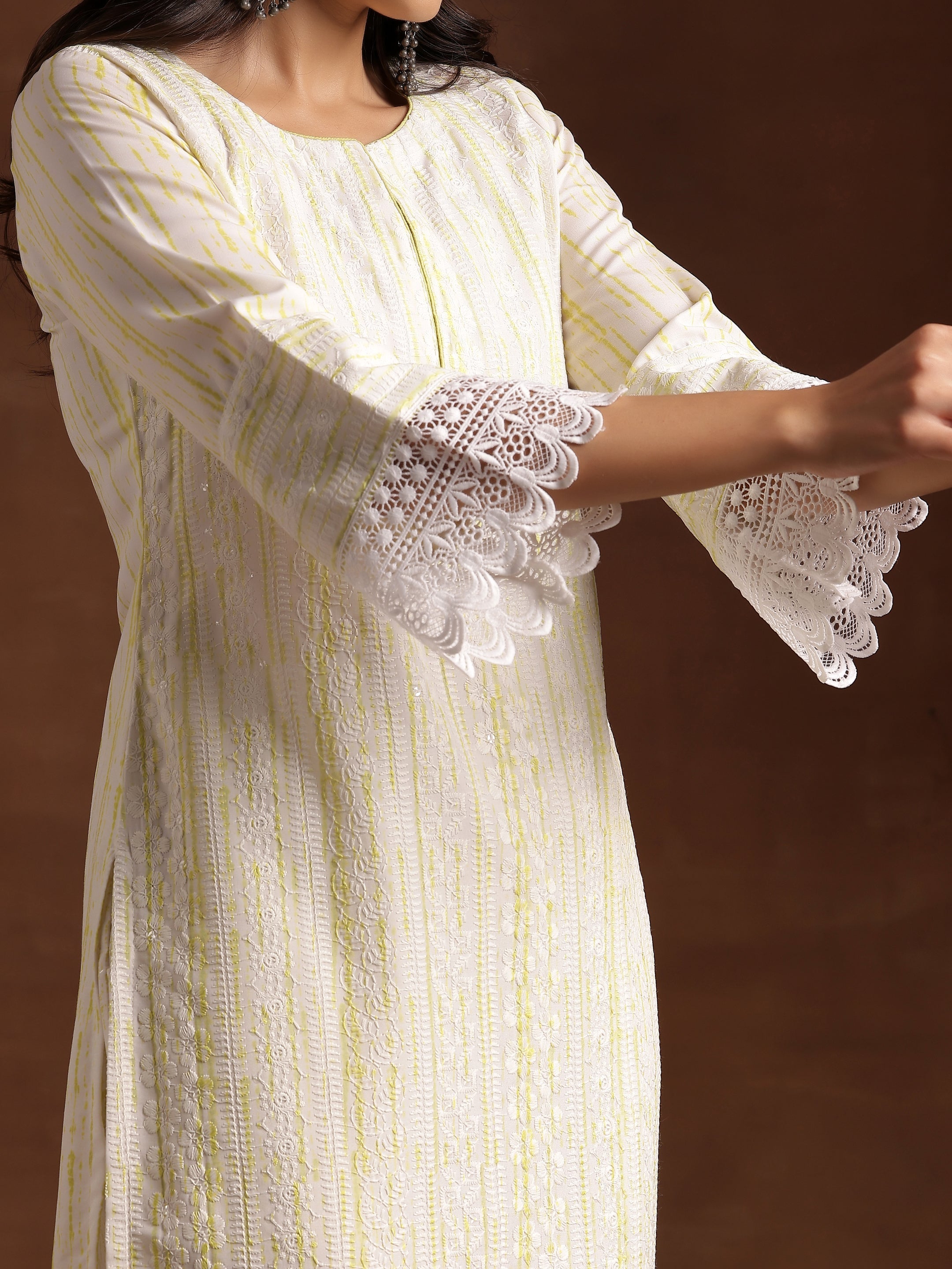 Off White Embroidered Cotton Blend Straight Suit With Dupatta