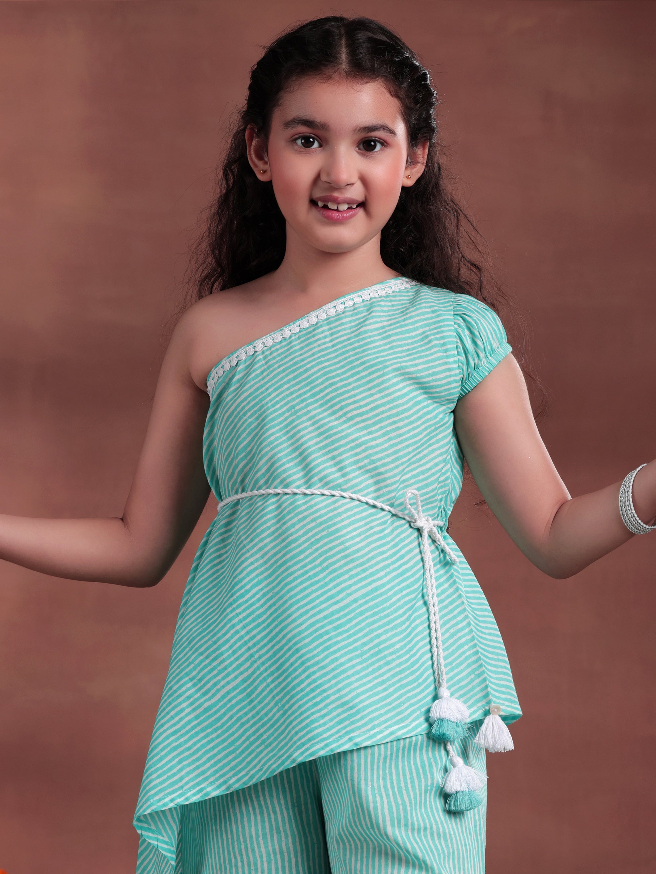 Kids Blue Striped Cotton A-Line Top With Sharara