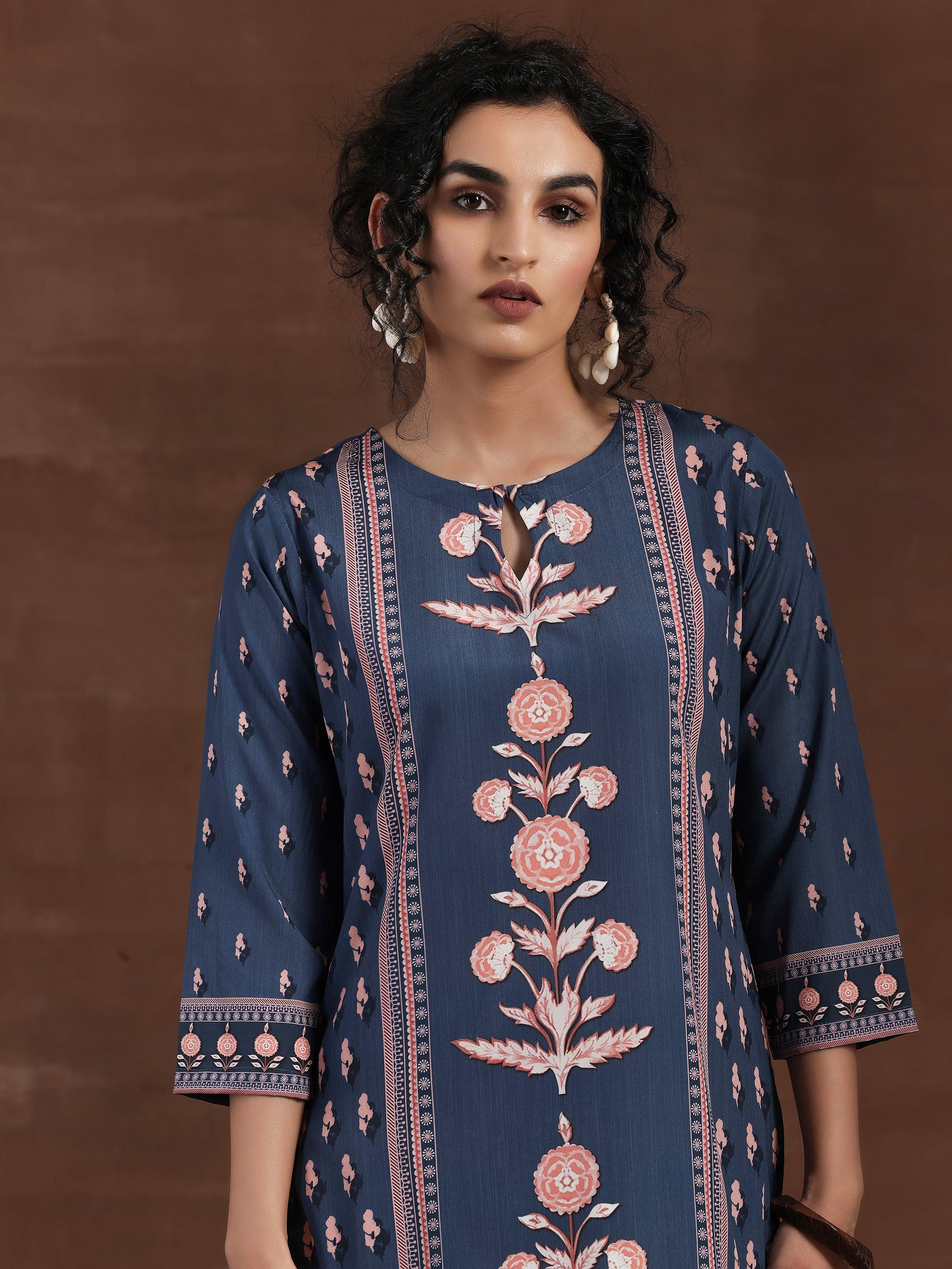 Blue Printed Poly Crepe Straight Kurta Set