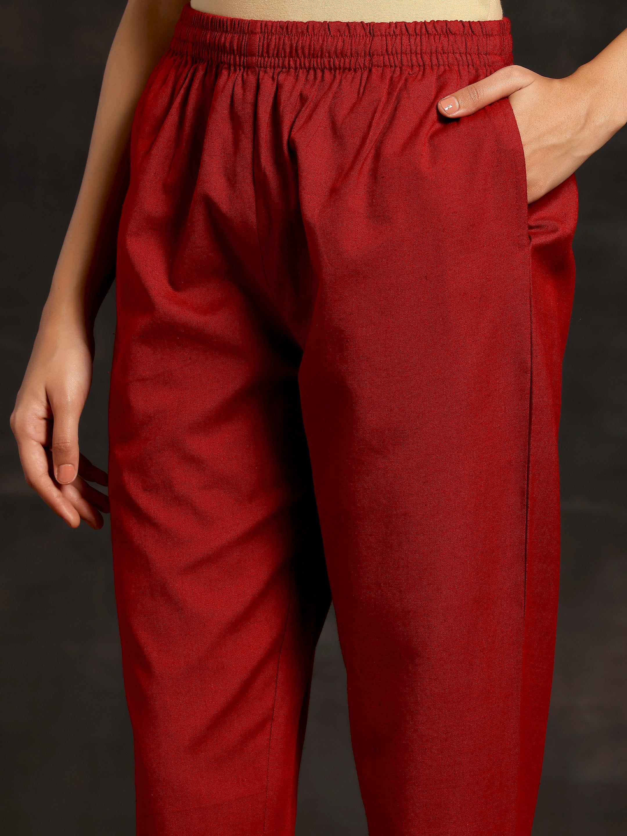 Maroon Solid Cotton Straight Fit Trousers