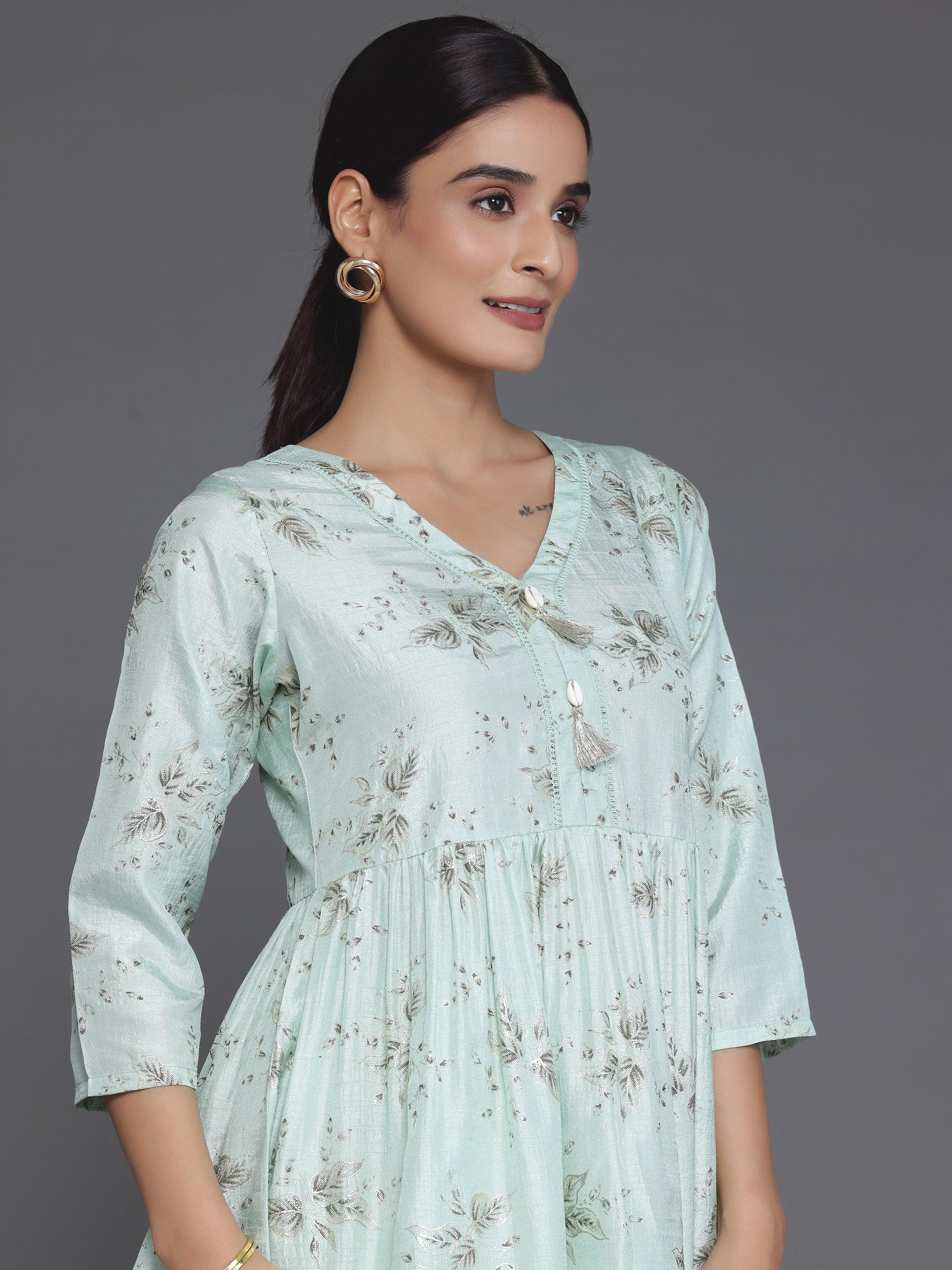 Sea Green Printed Silk Blend A-Line Kurta With Salwar