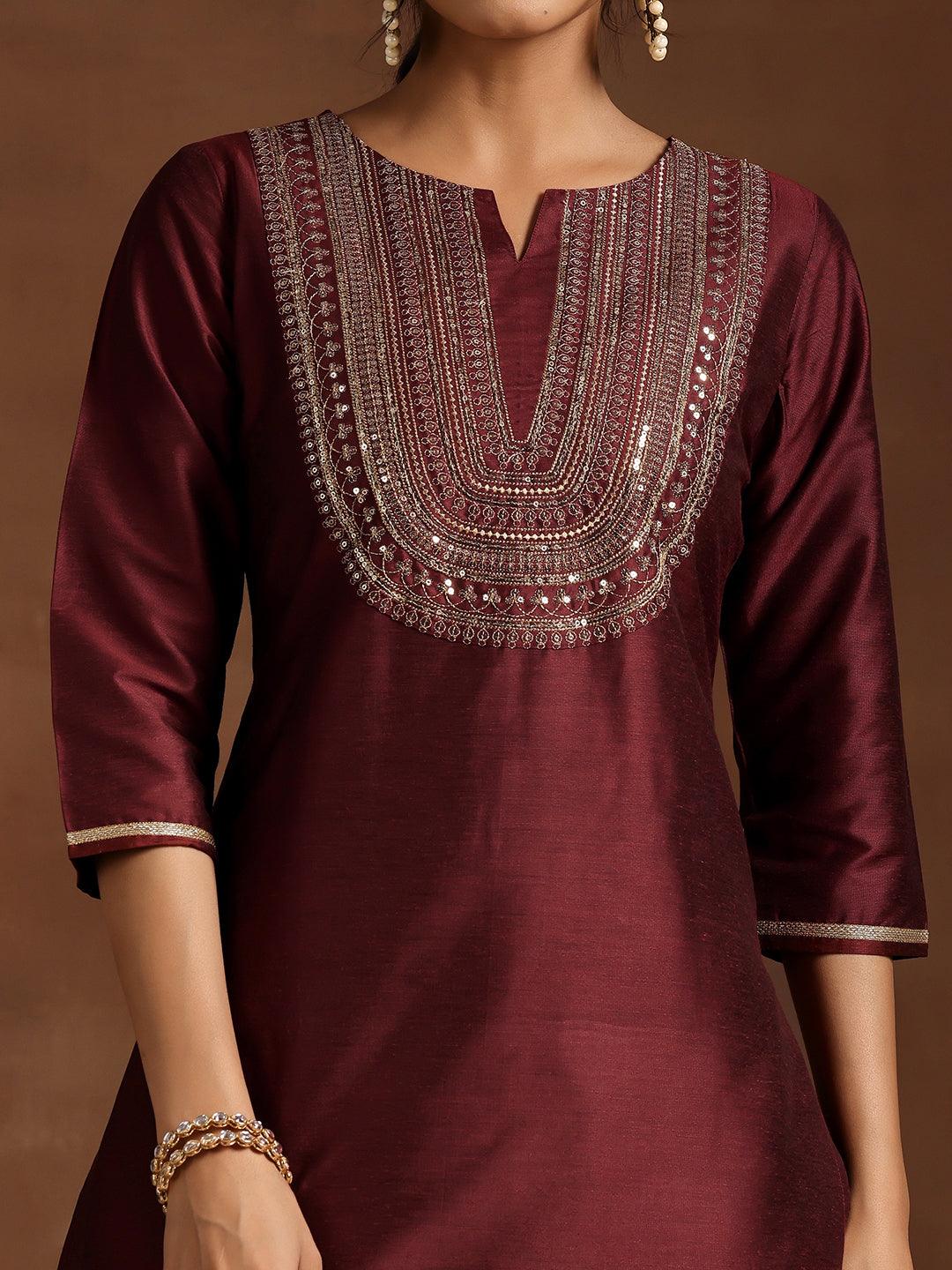 Maroon Yoke Design Silk Blend Straight Kurta Set