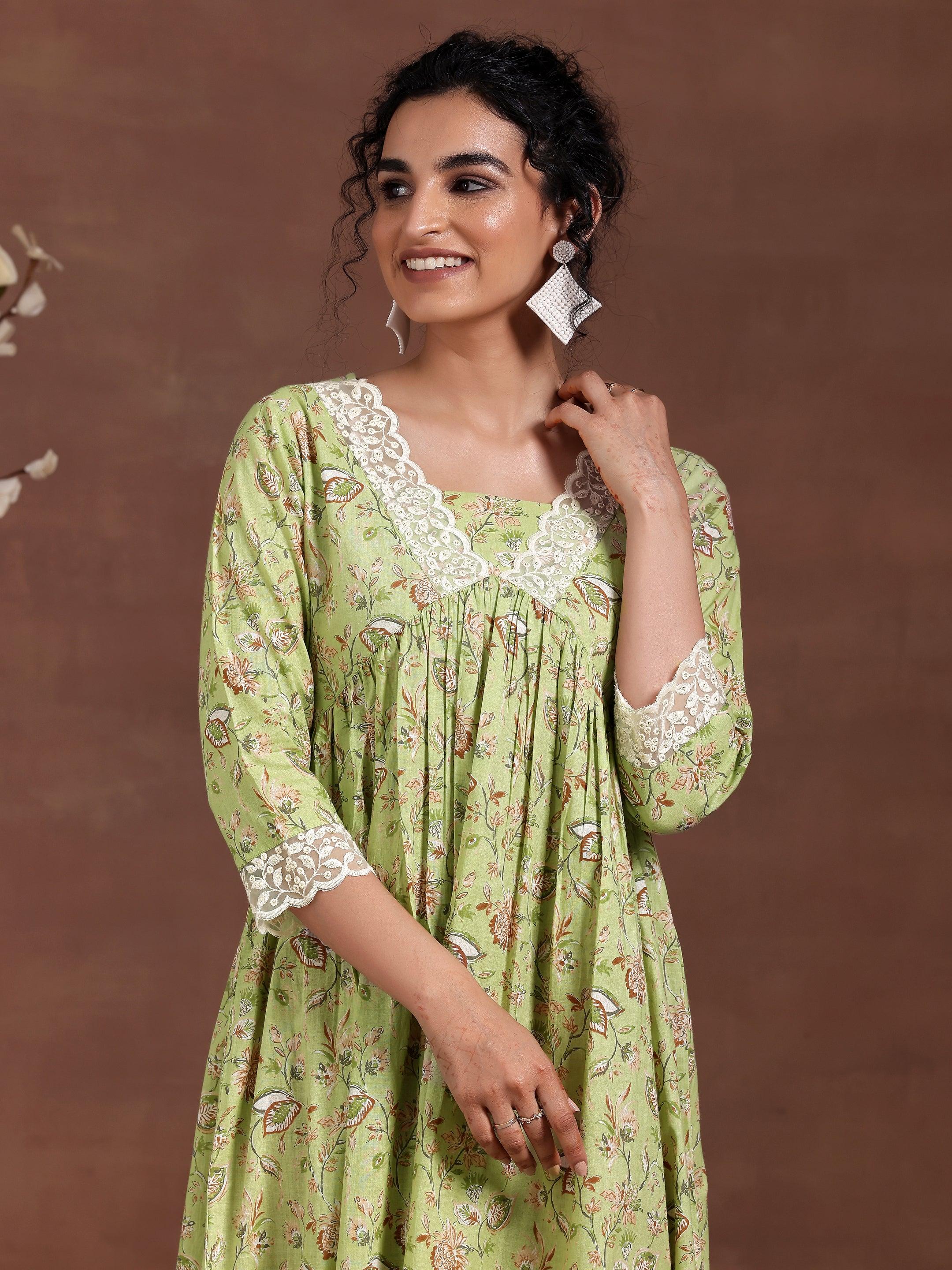 Green Printed Cotton Fit and Flare Dress