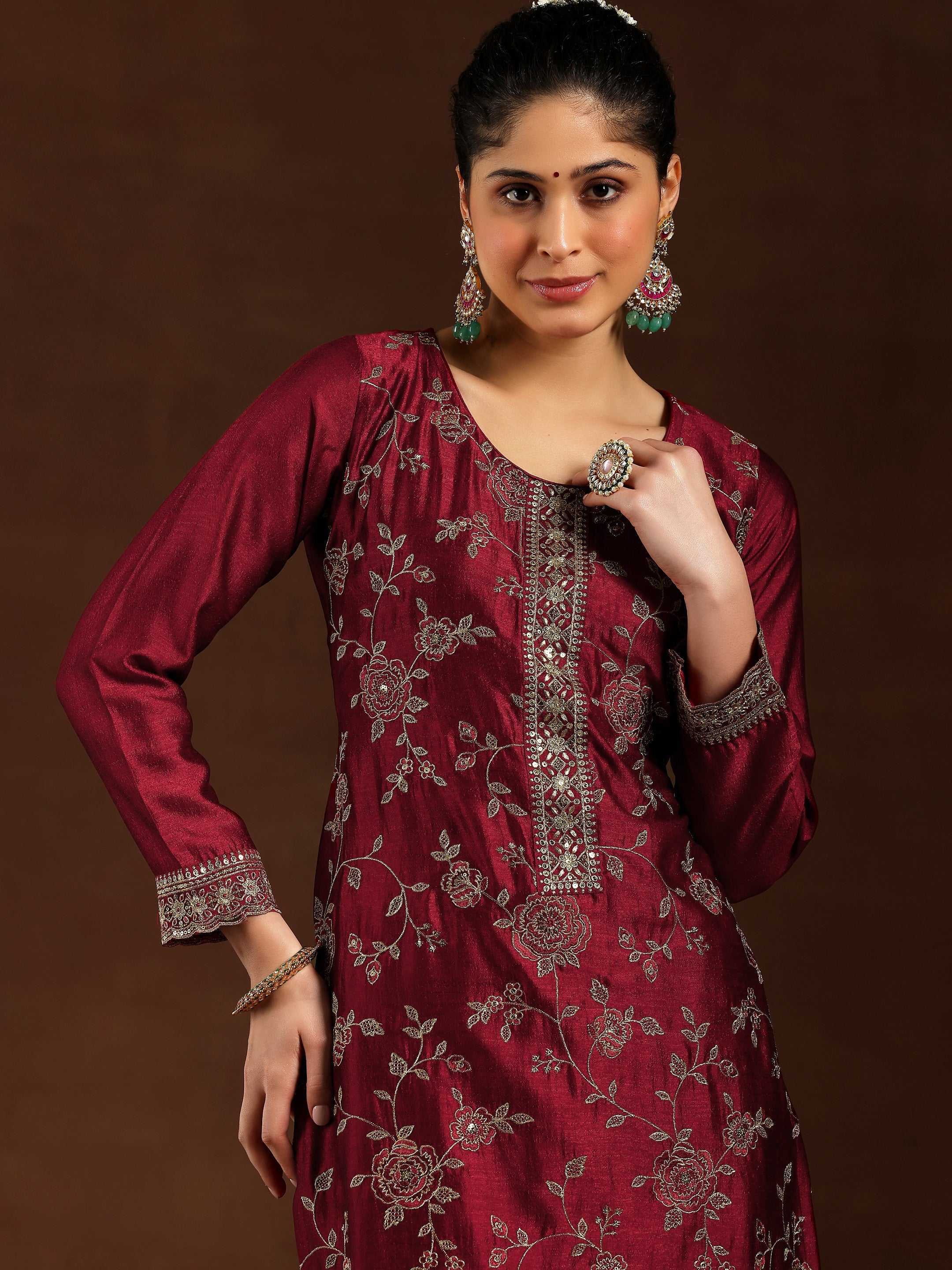 Maroon Embroidered Silk Blend Straight Suit With Dupatta