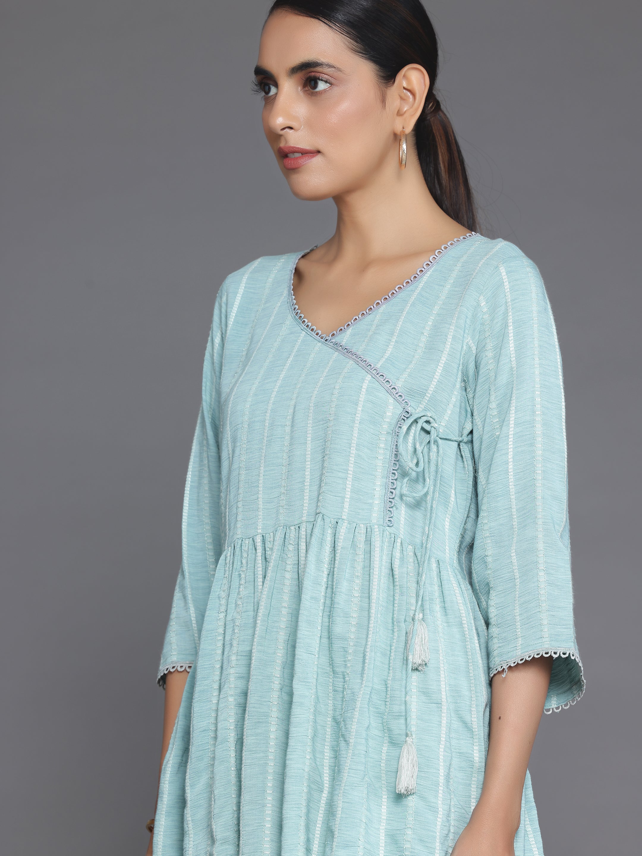 Blue Woven Design Cotton Blend A-Line Kurti