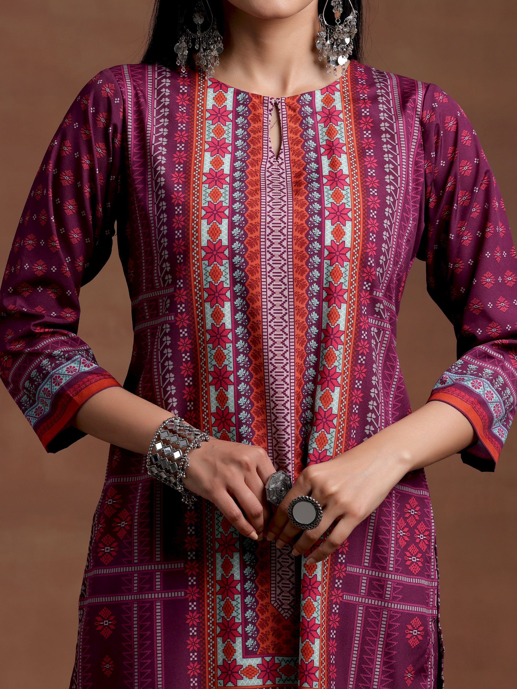 Wine Printed Poly Crepe Straight Kurta Set