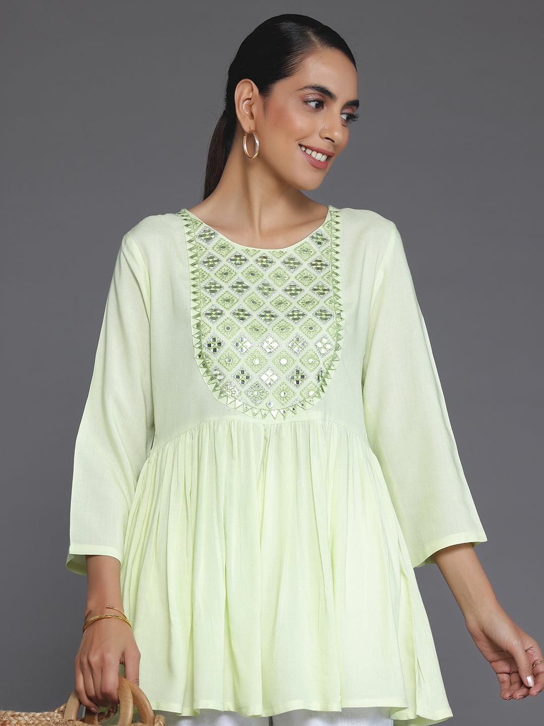 Green Embroidered Rayon A-Line Kurti