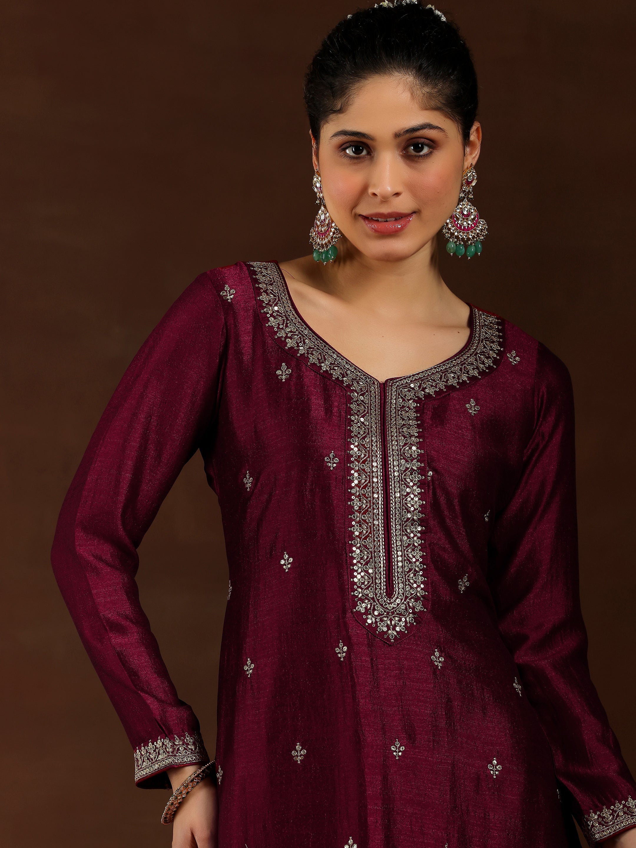 Maroon Embroidered Silk Blend Straight Suit With Dupatta