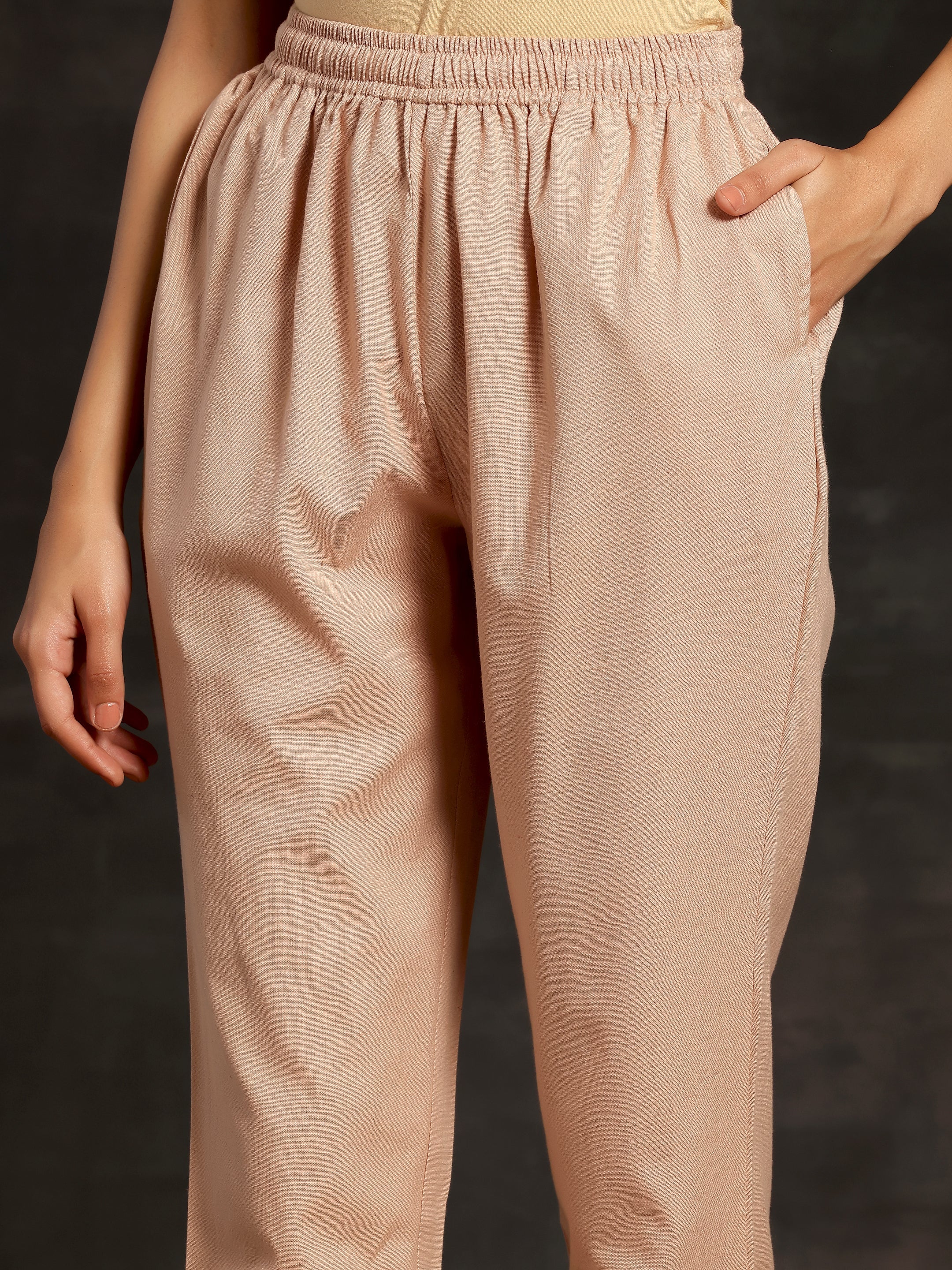 Peach Solid Cotton Straight Fit Trousers