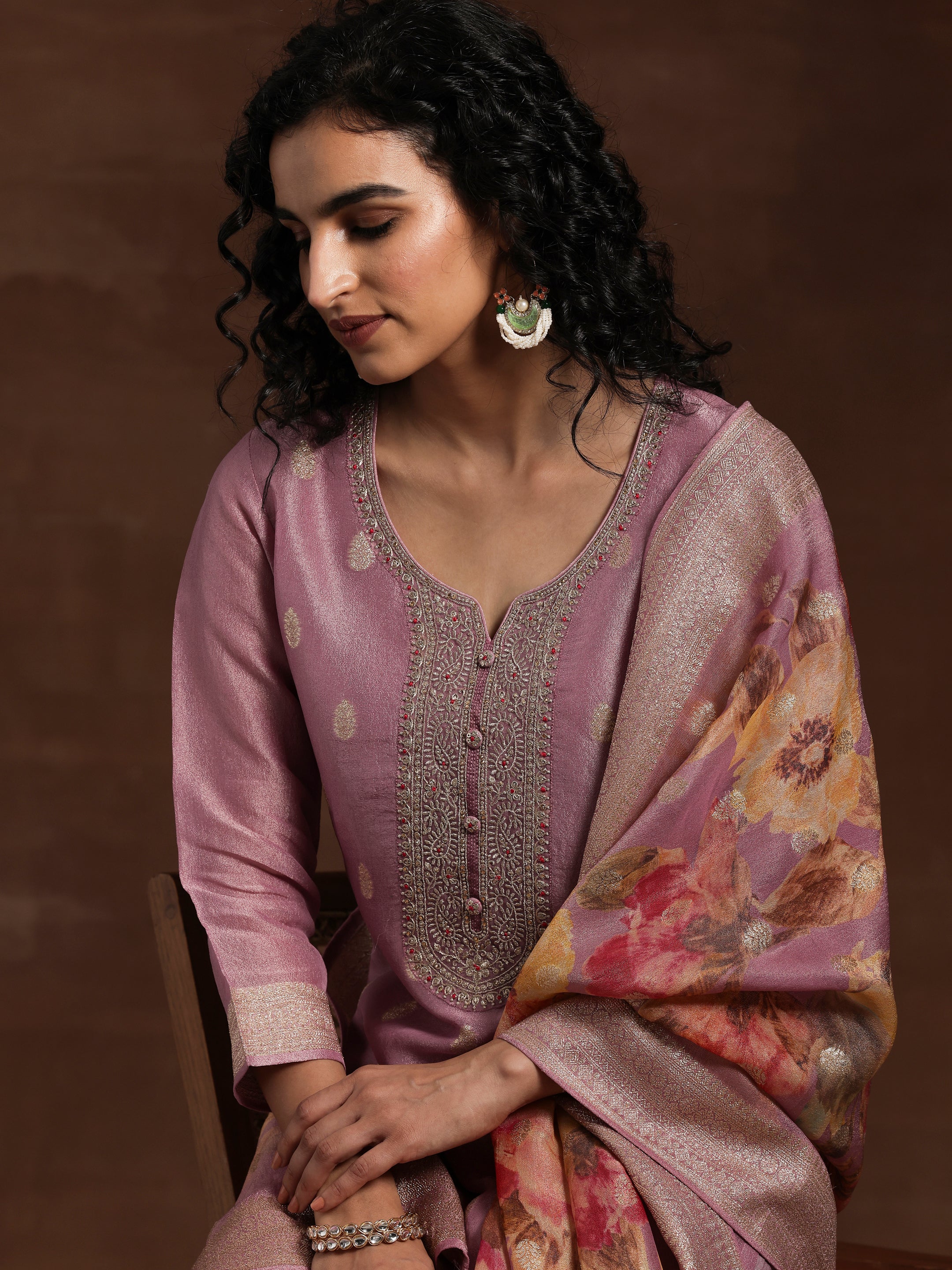 Mauve Woven Design Silk Blend Straight Kurta With Palazzos & Dupatta