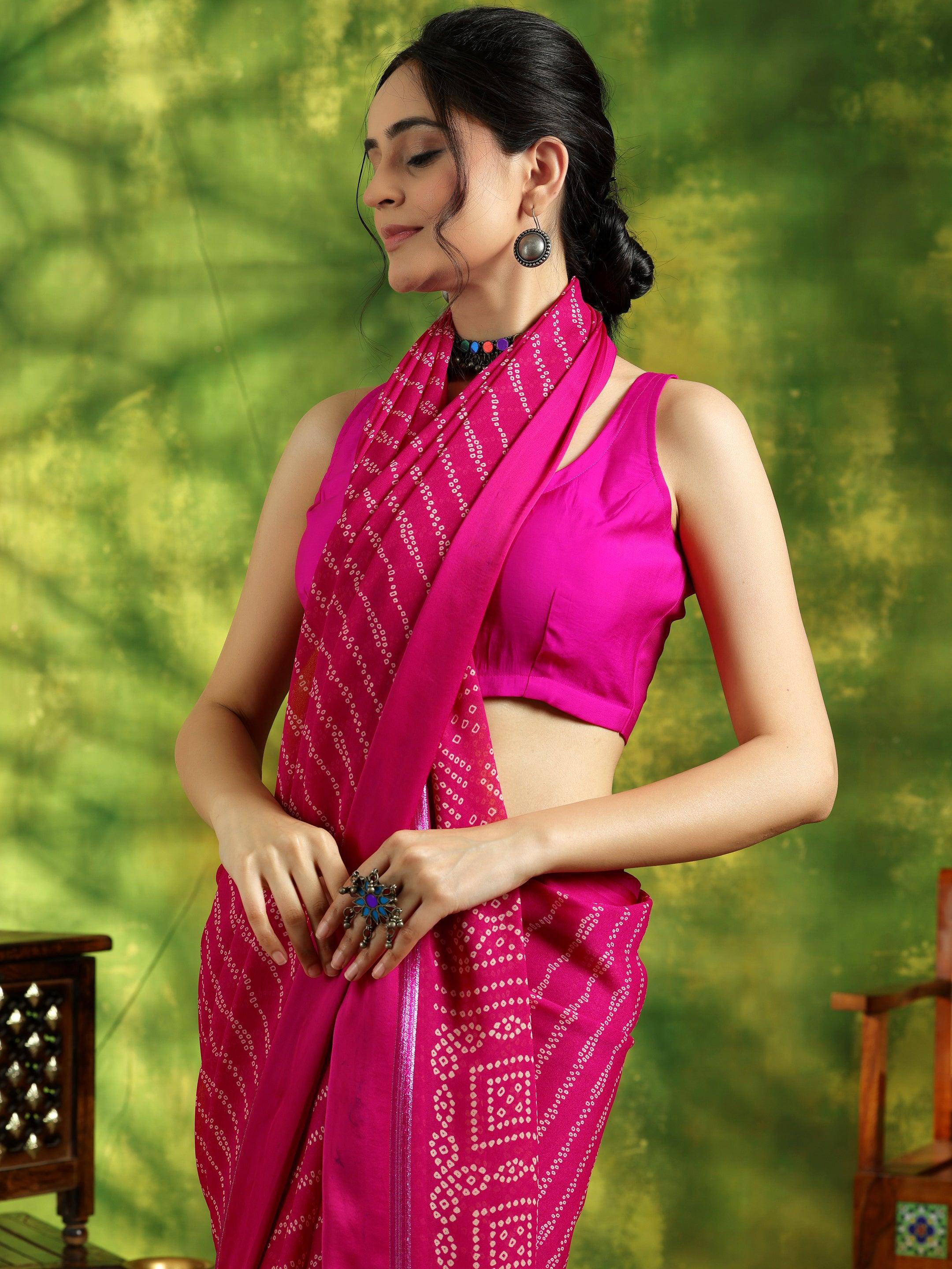 Pink Printed Satin Saree With Unstitched Blouse Piece