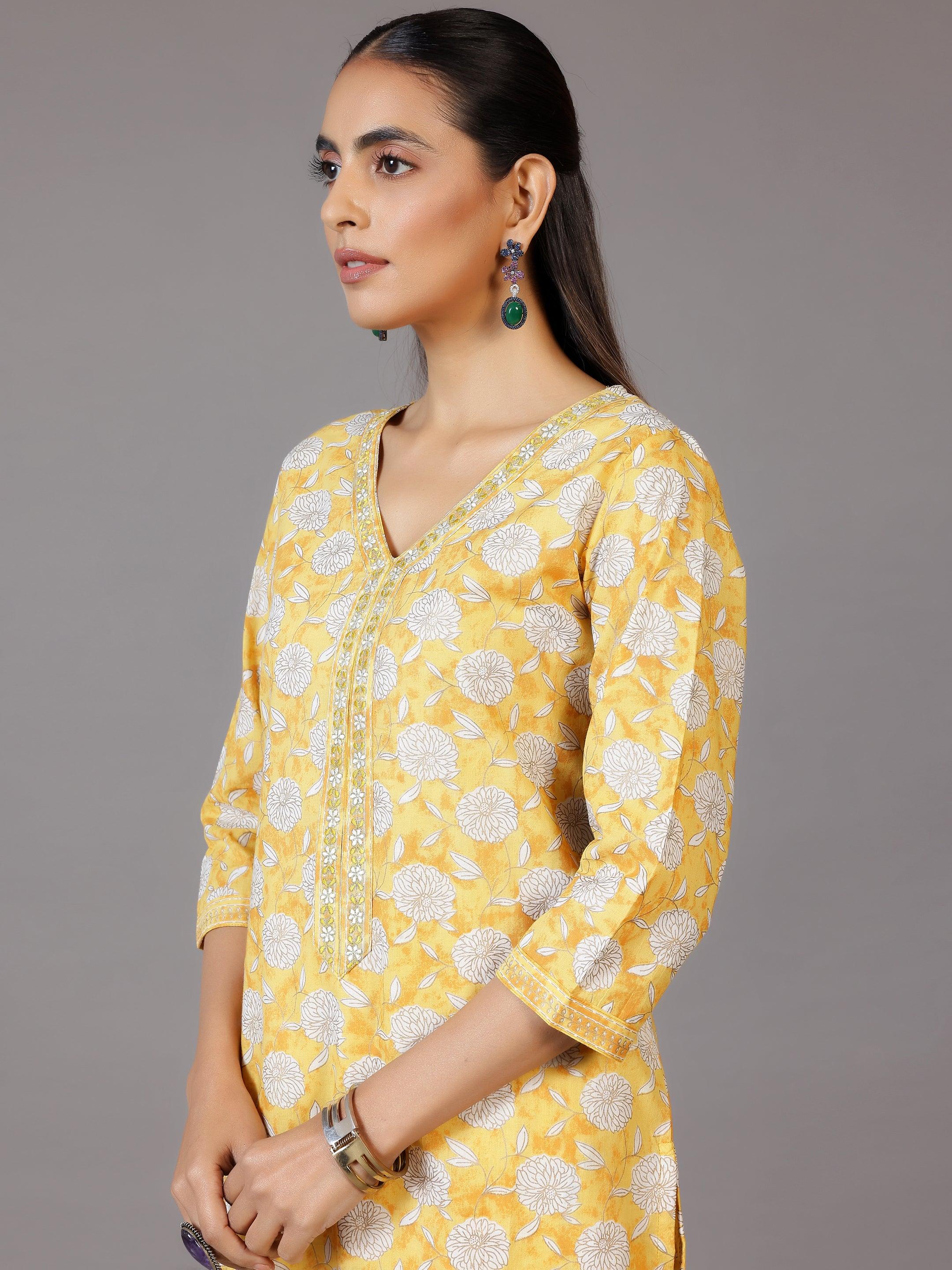 Yellow Printed Cotton Straight Suit With Dupatta