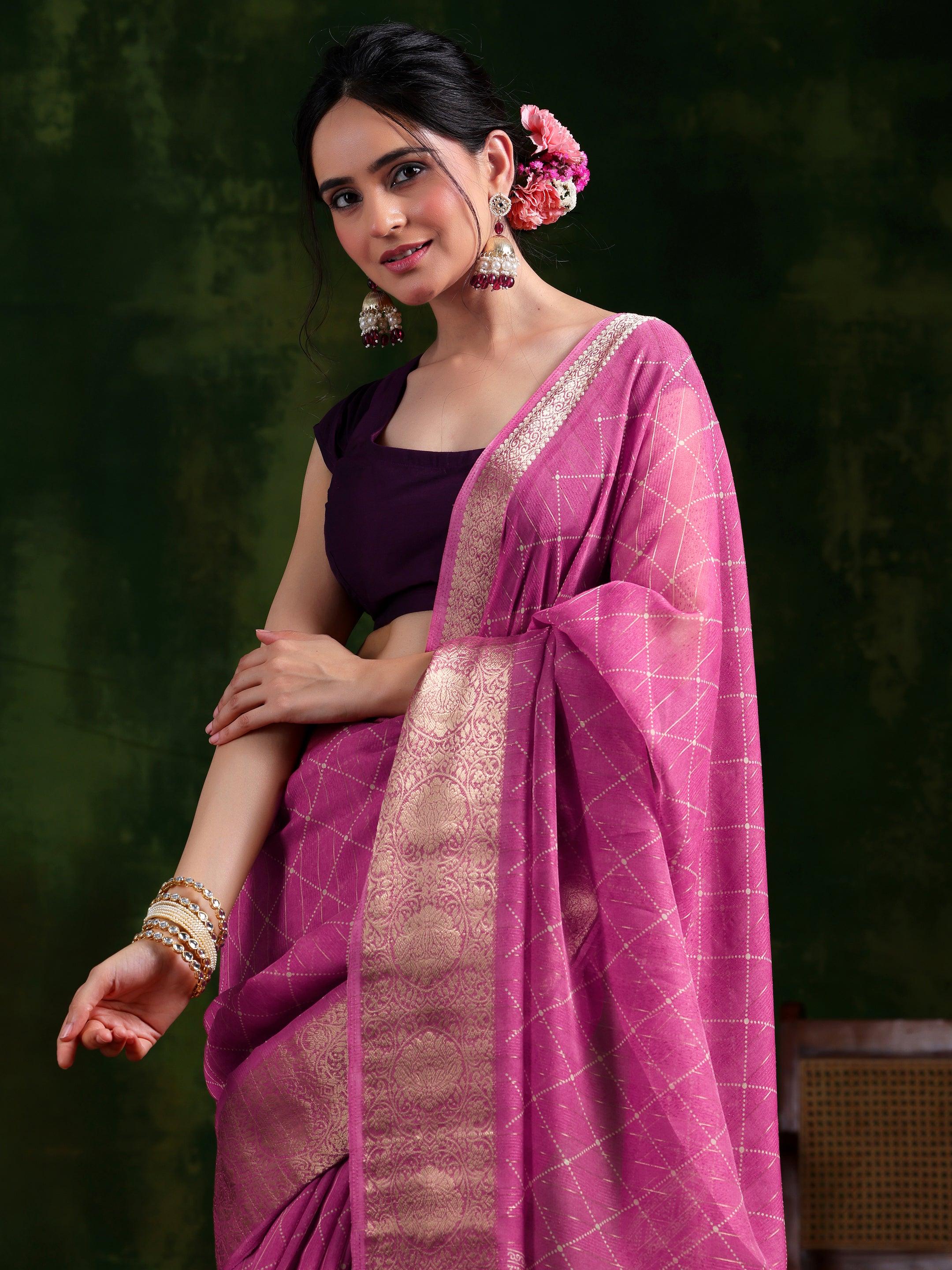 Pink Printed Silk Blend Saree With Unstitched Blouse Piece