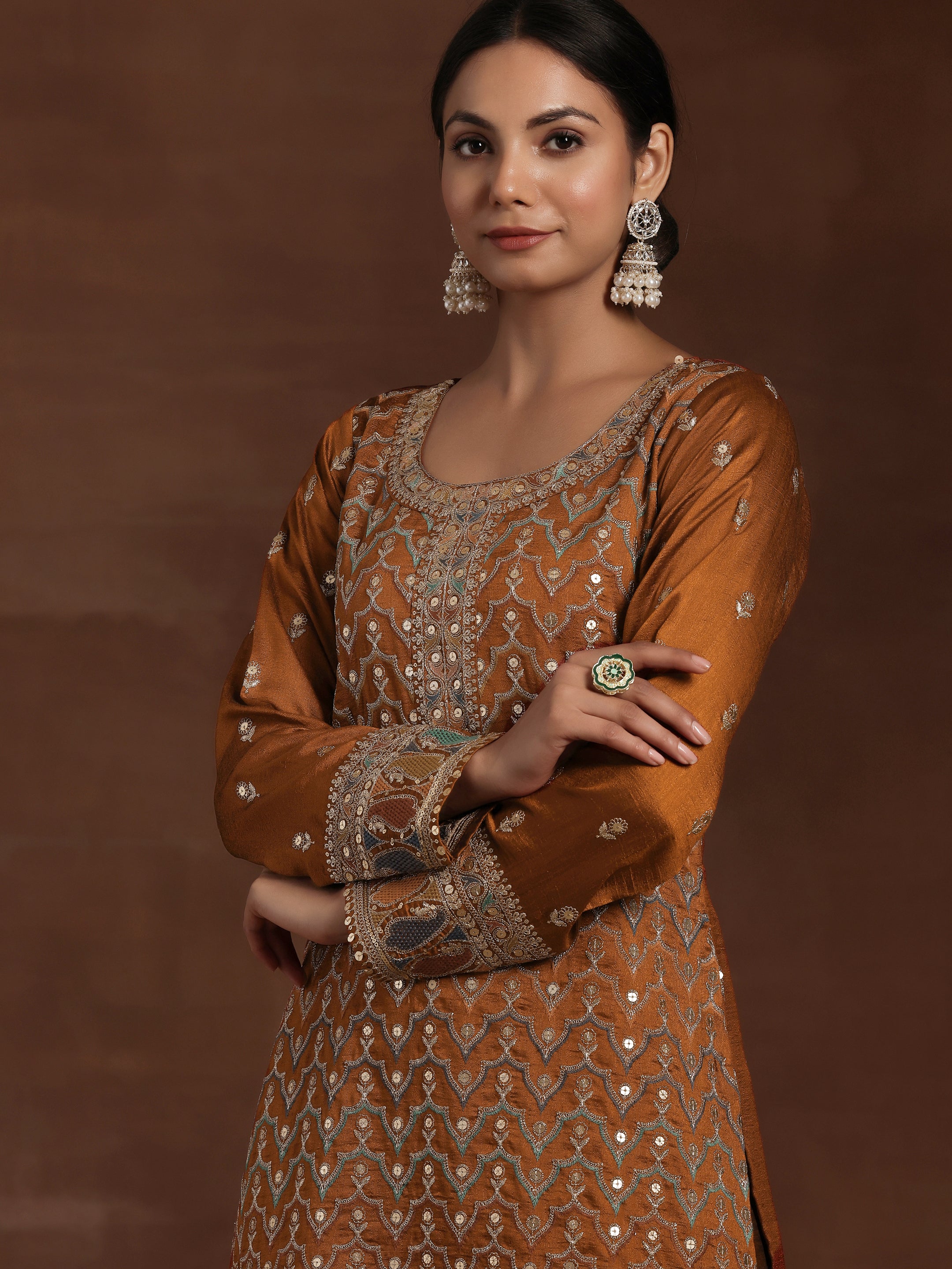 Adaa Rust Embroidered Silk Blend Straight Kurta With Palazzos & Dupatta