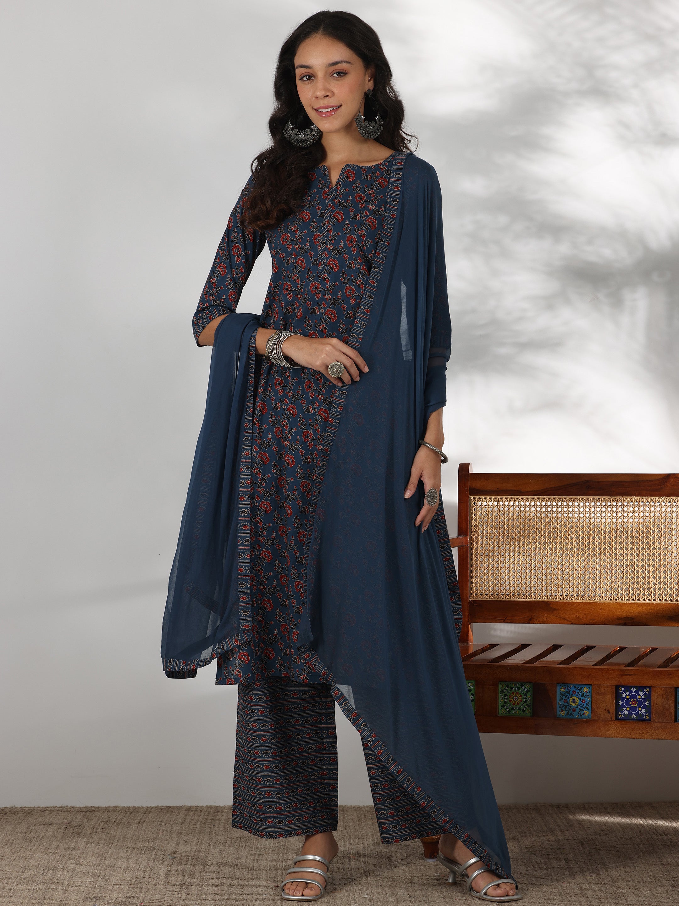 Blue Printed Cotton Straight Suit With Dupatta