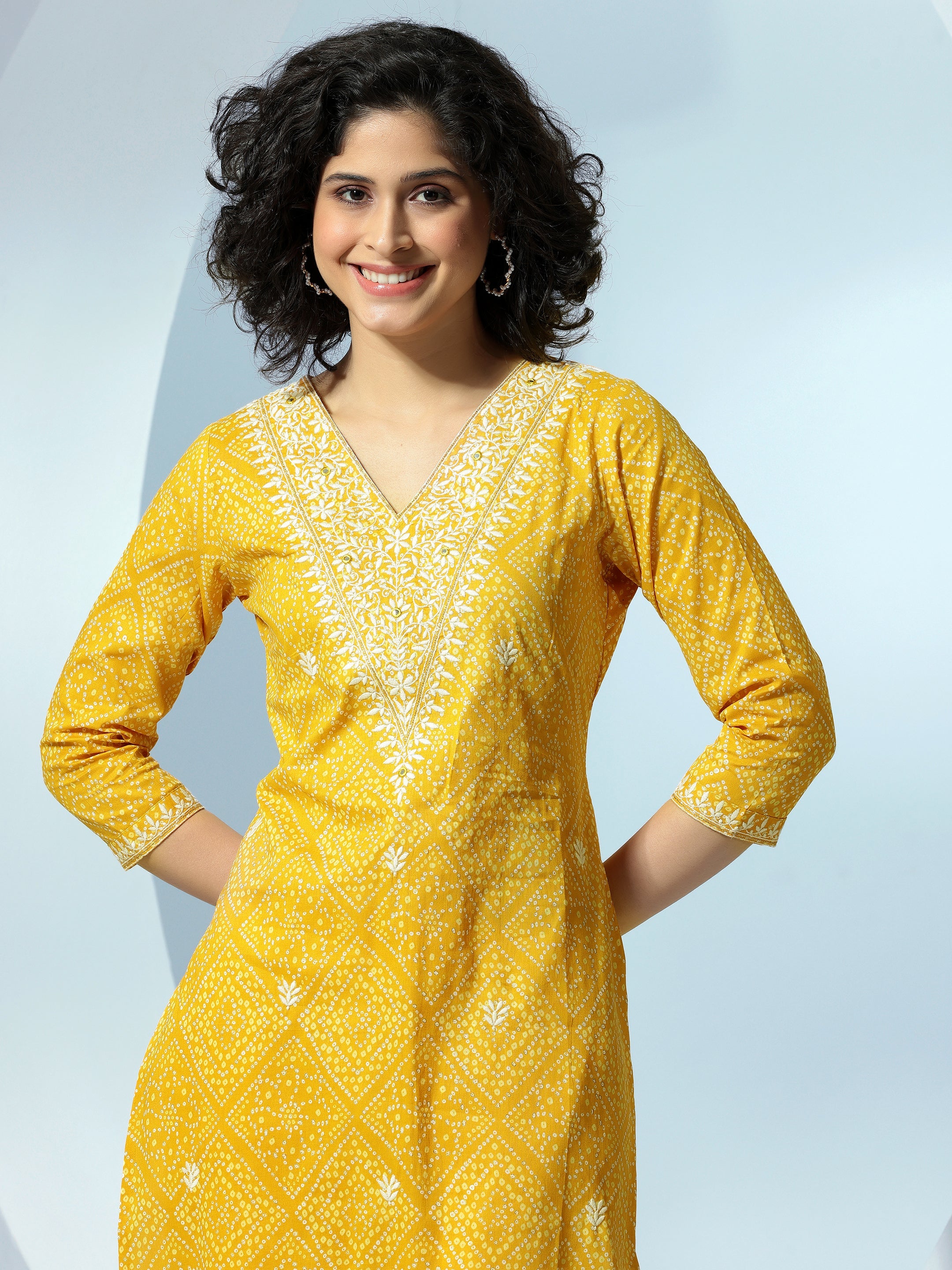 Mustard Printed Cotton Straight Suit With Dupatta