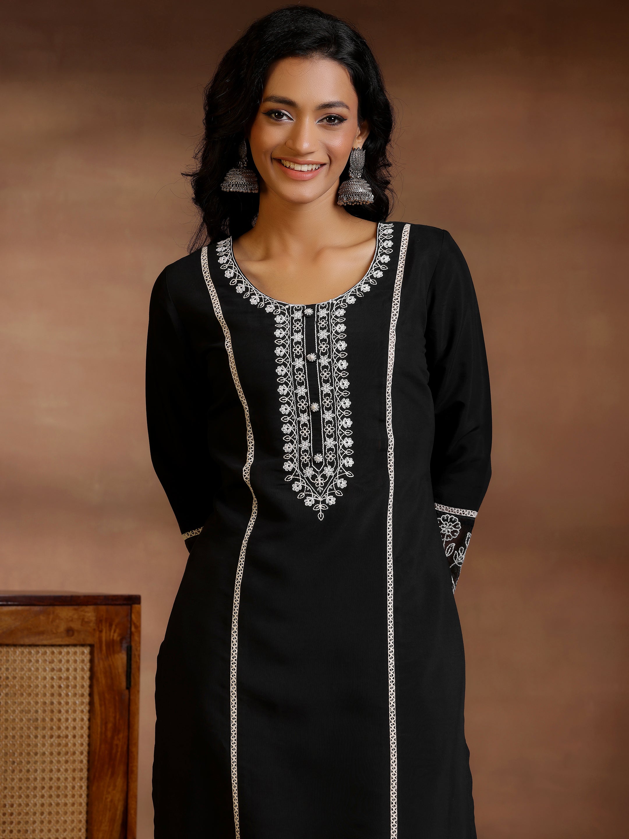 Black Yoke Design Silk Blend Straight Suit With Dupatta