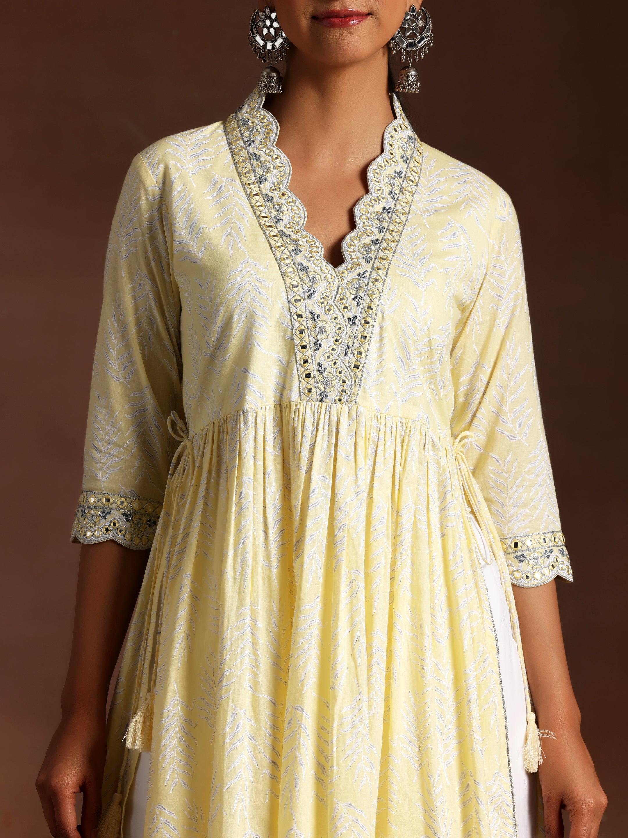 Mahnoor Yellow Printed Cotton A-Line Kurta With Palazzos & Dupatta