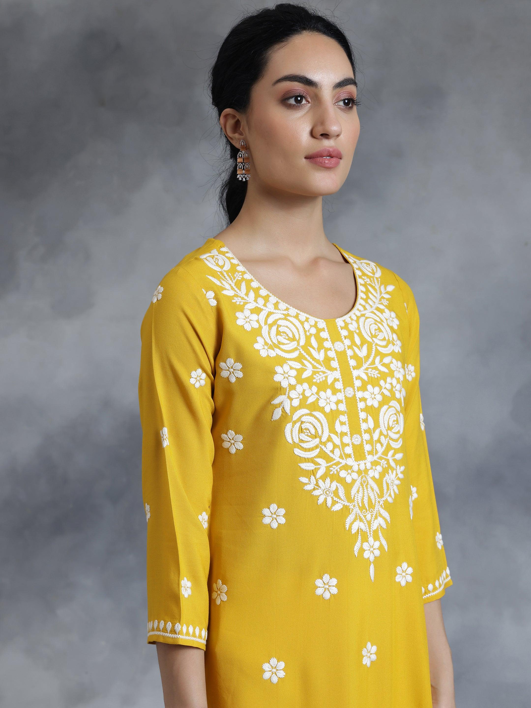 Mustard Embroidered Rayon Straight Kurta