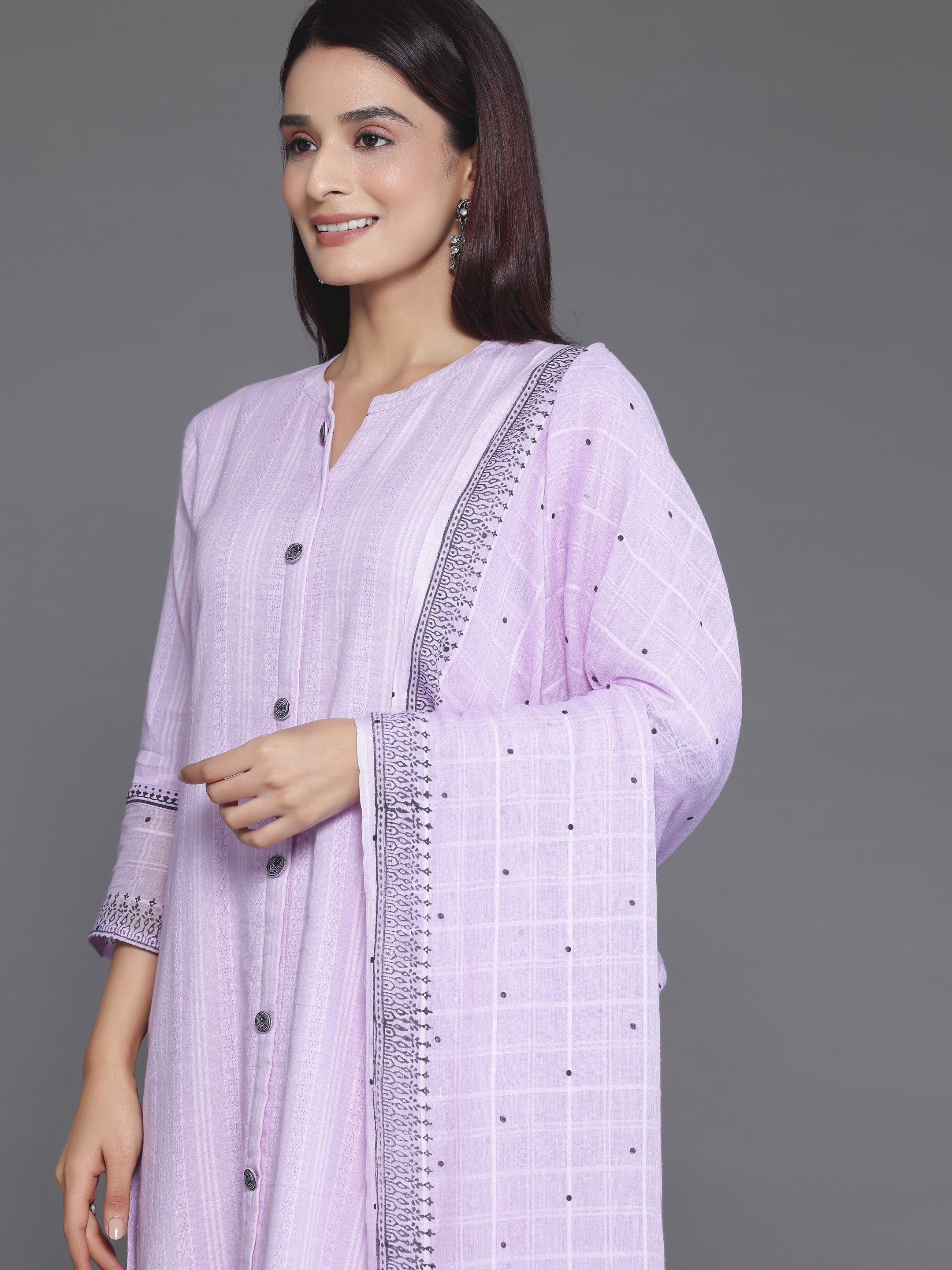 Lavender Woven Design Cotton Straight Suit With Dupatta