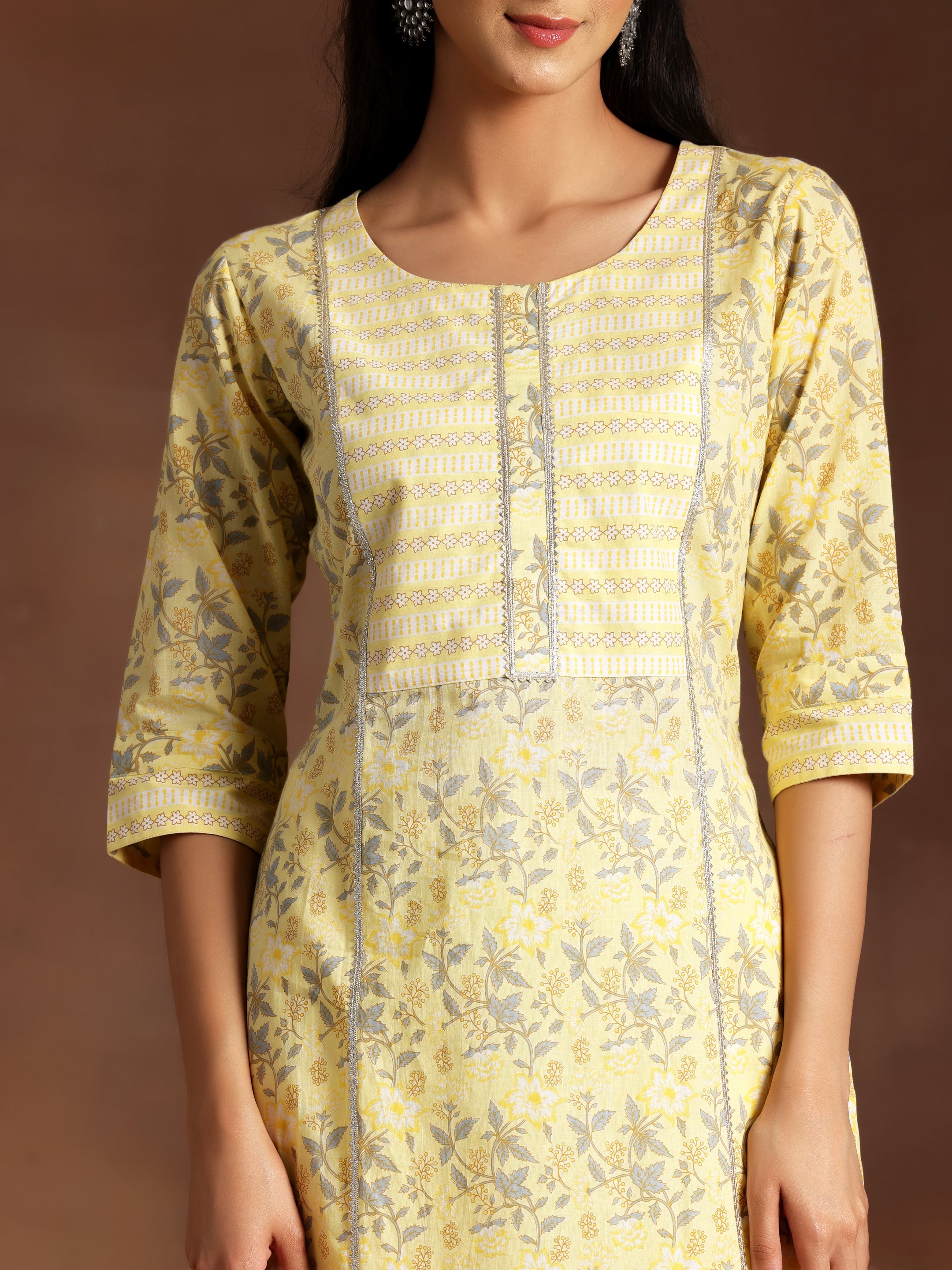 Yellow Printed Cotton Straight Suit With Dupatta