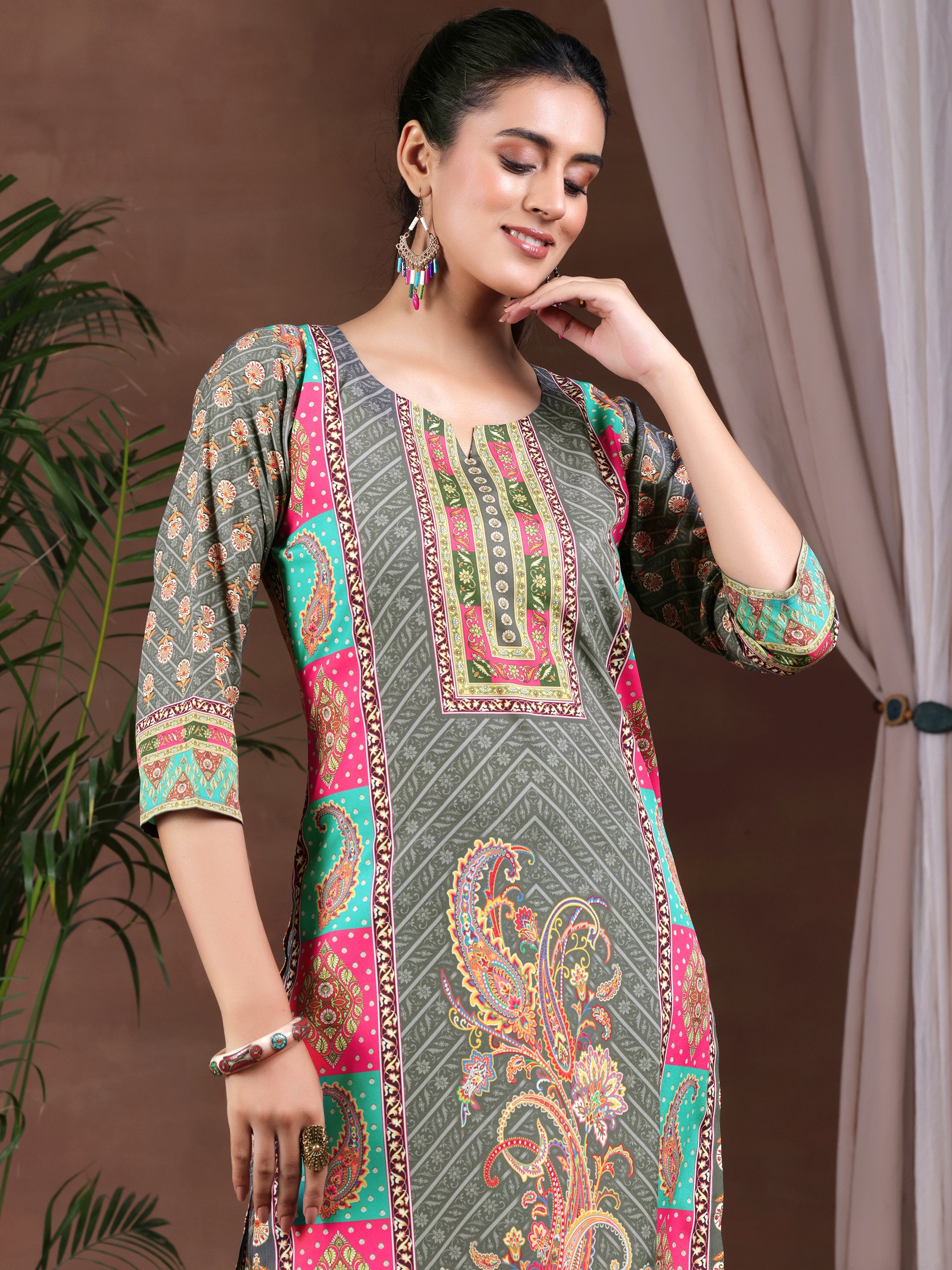 Grey Printed Poly Crepe Straight Suit With Dupatta