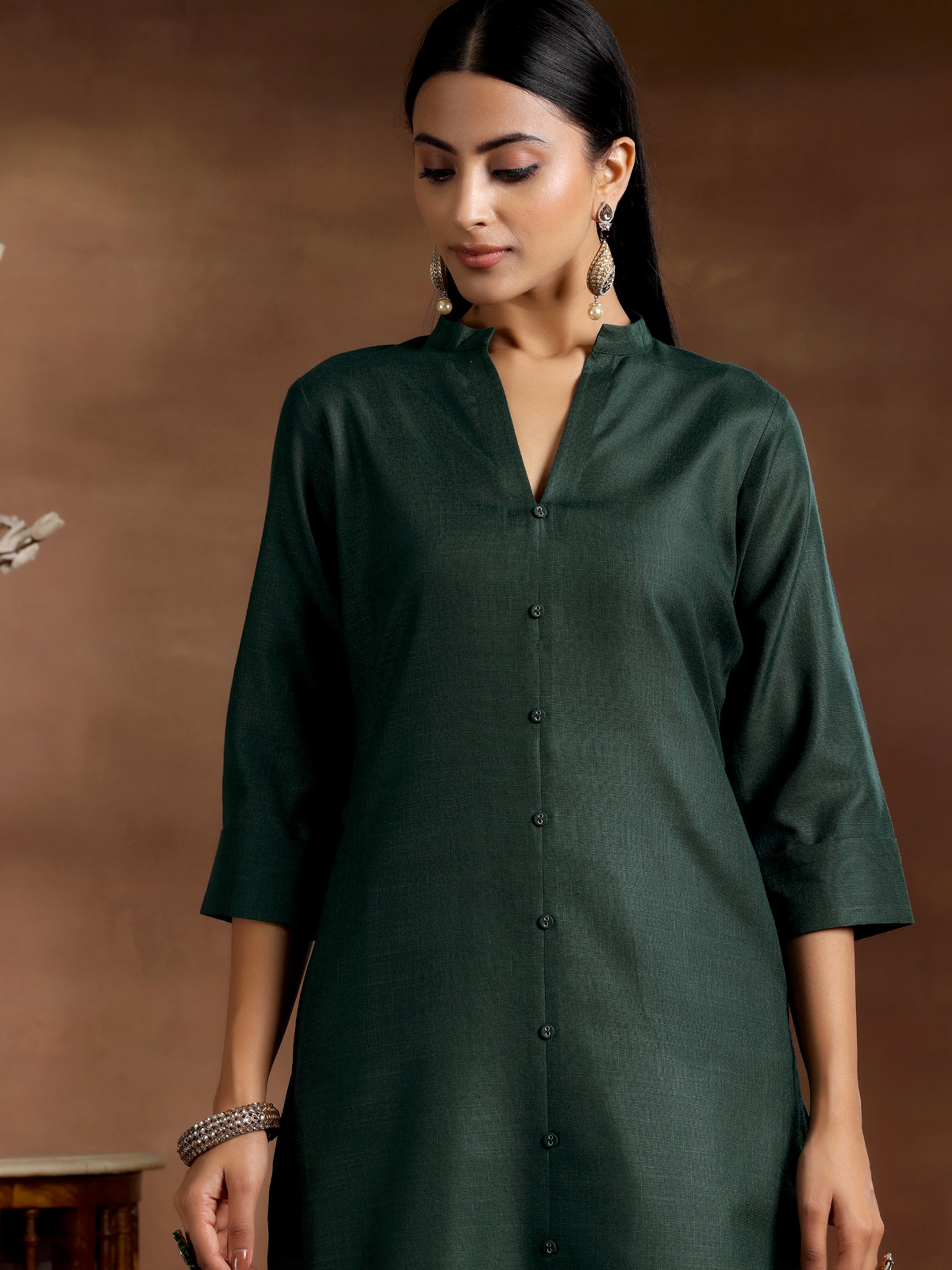 Green Solid Silk Straight Kurta