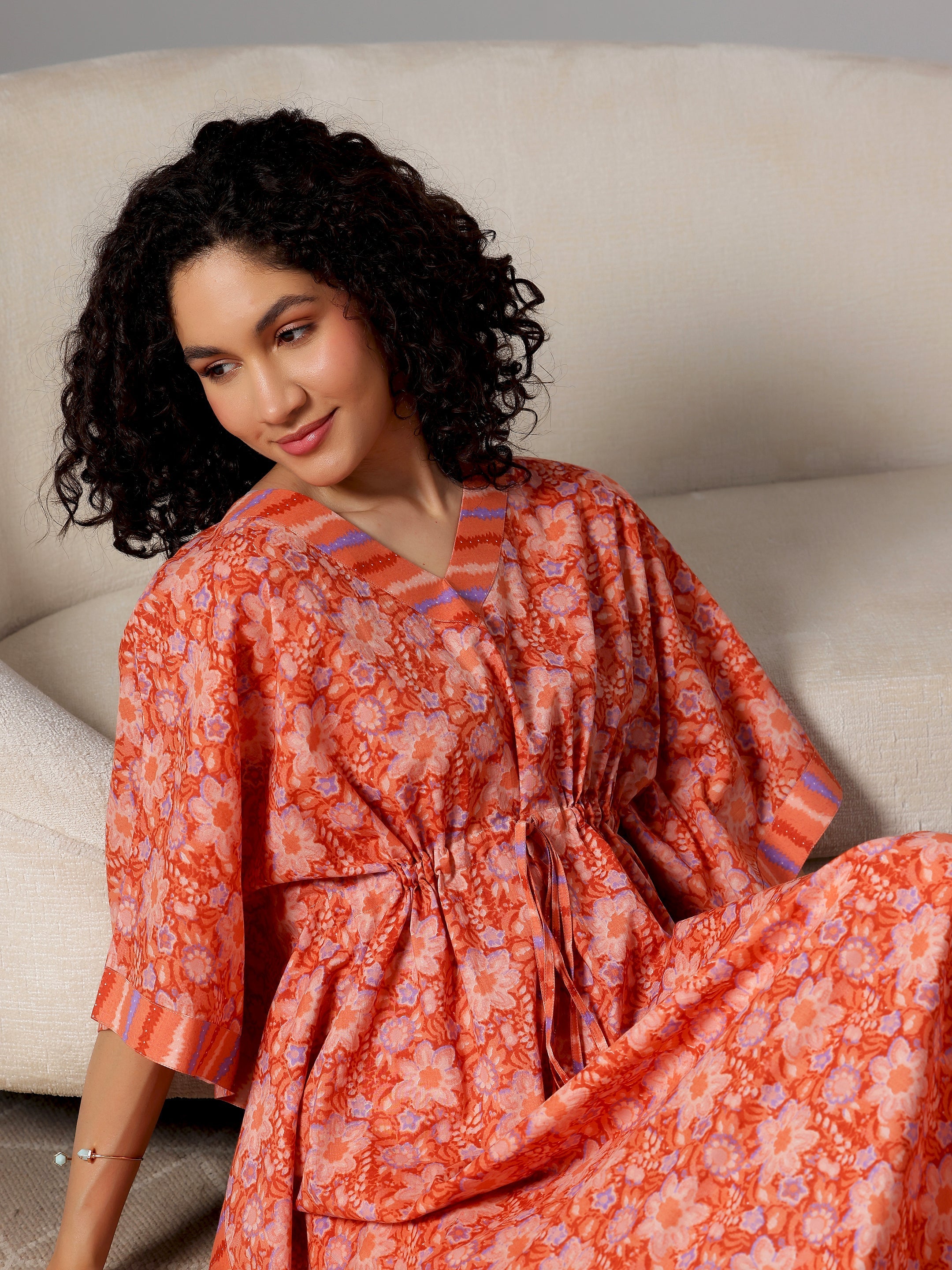 Orange Printed Cotton Kaftan Night Dress