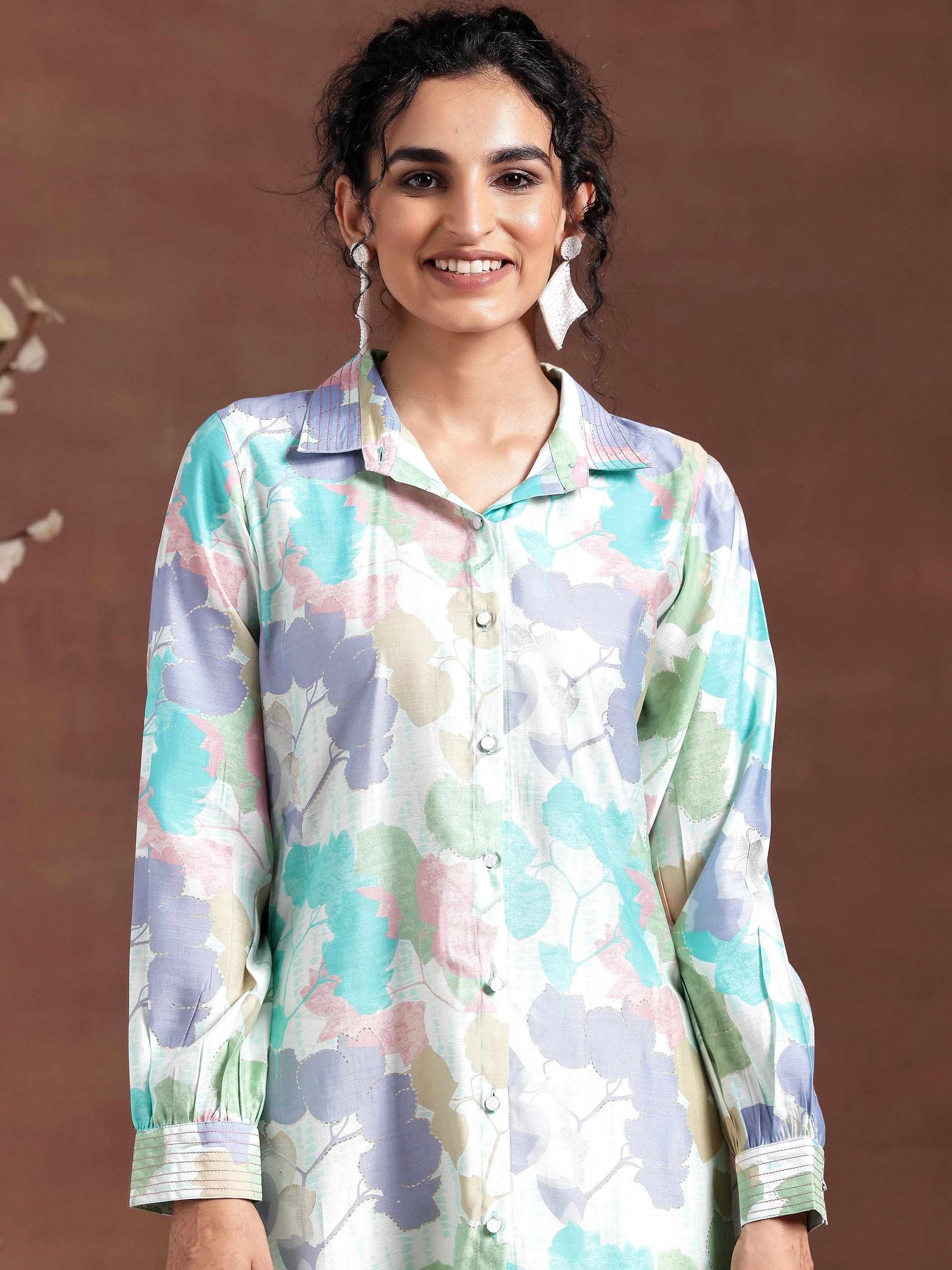 Green Printed Silk Blend Straight Kurti