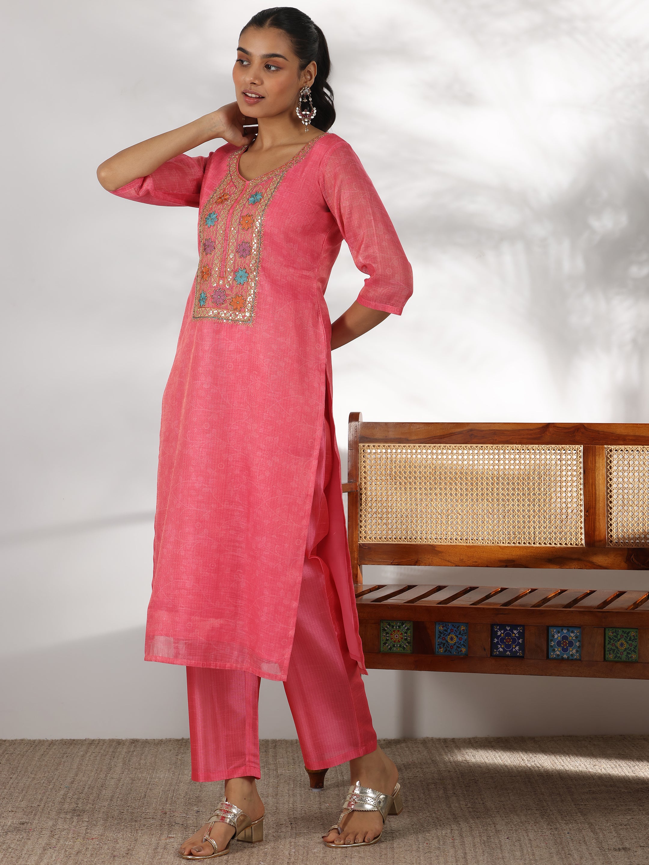 Pink Yoke Design Silk Blend Straight Suit With Dupatta