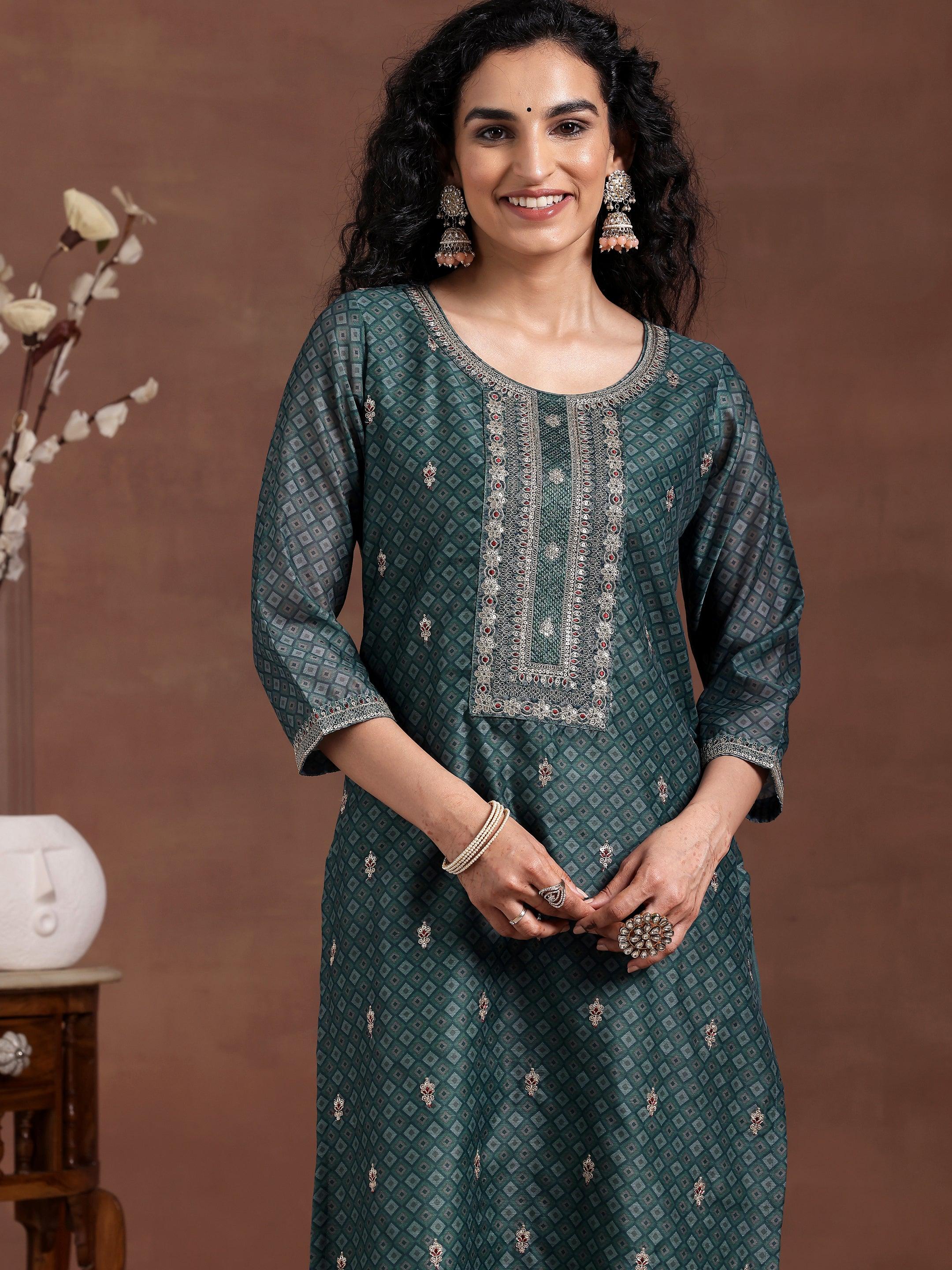 Teal Printed Silk Blend Straight Suit With Dupatta