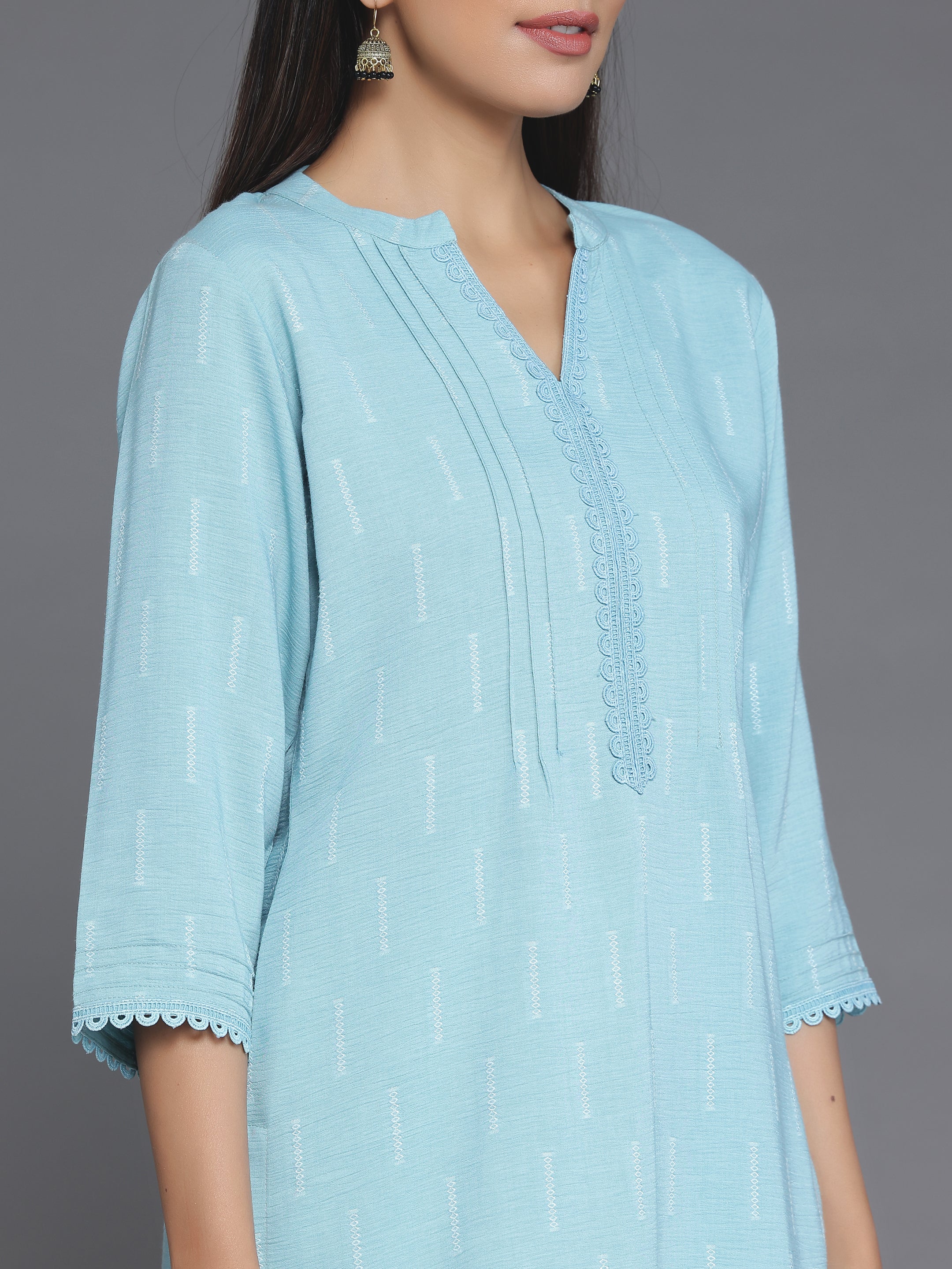 Blue Woven Design Cotton Blend Straight Kurti