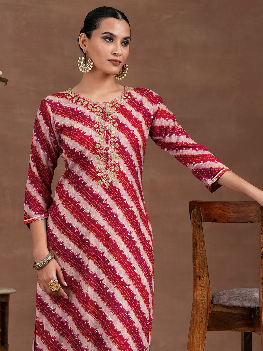 Pink Printed Rayon Straight Kurta