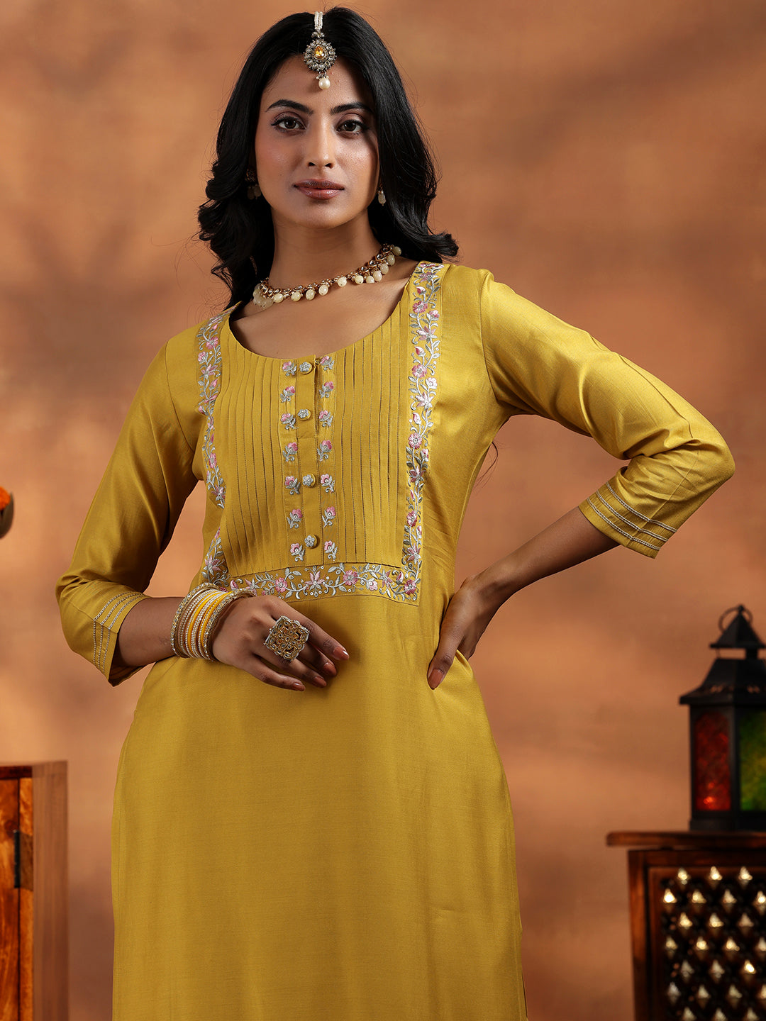 Mustard Yoke Design Silk Blend Straight Suit With Dupatta