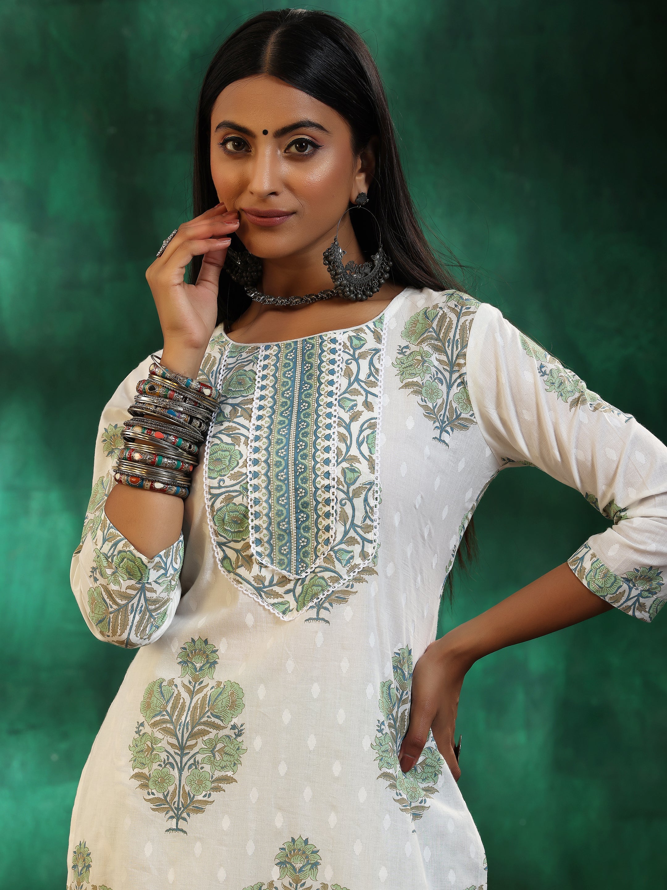 Off White Printed Cotton Straight Suit With Dupatta